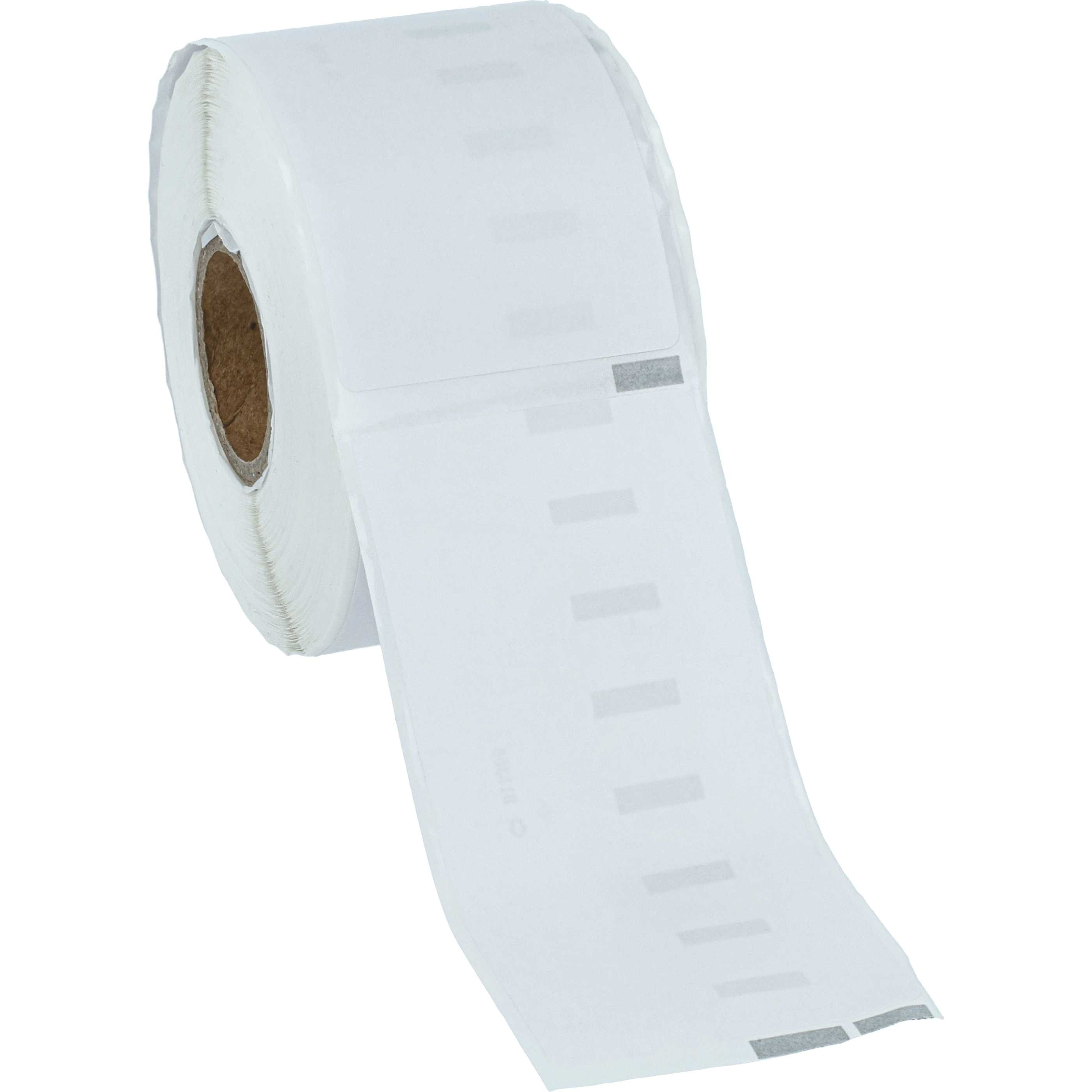 Eine Rolle weißer Etiketten mit braunem Pappkern. Die Etiketten sind leer mit kleinen grauen Rechtecken.