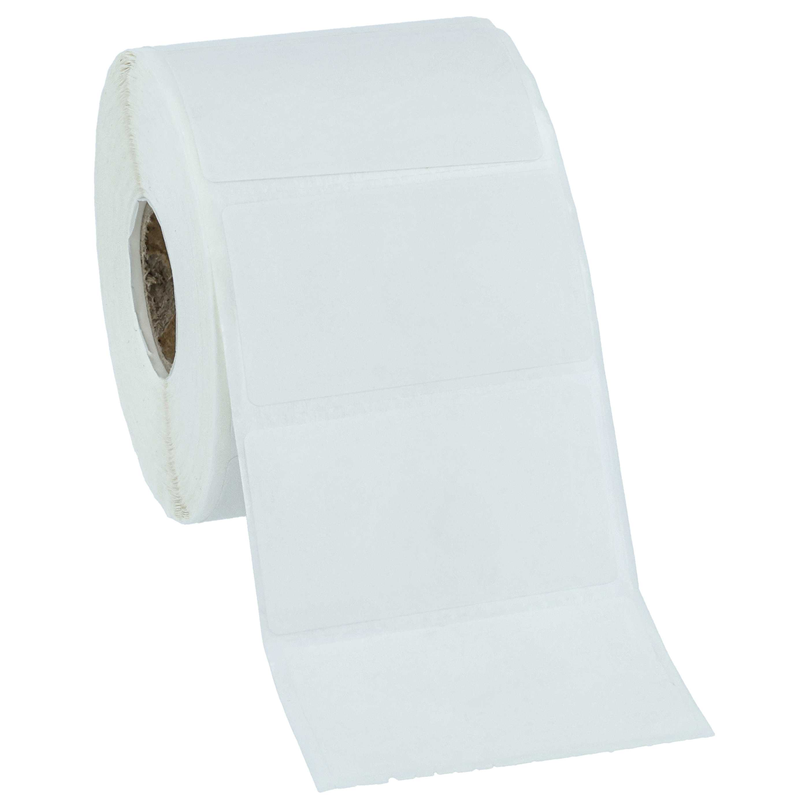 Eine Rolle weißer Klebeetiketten, teilweise abgerollt. Die Etiketten sind rechteckig, der Hintergrund ist weiß.