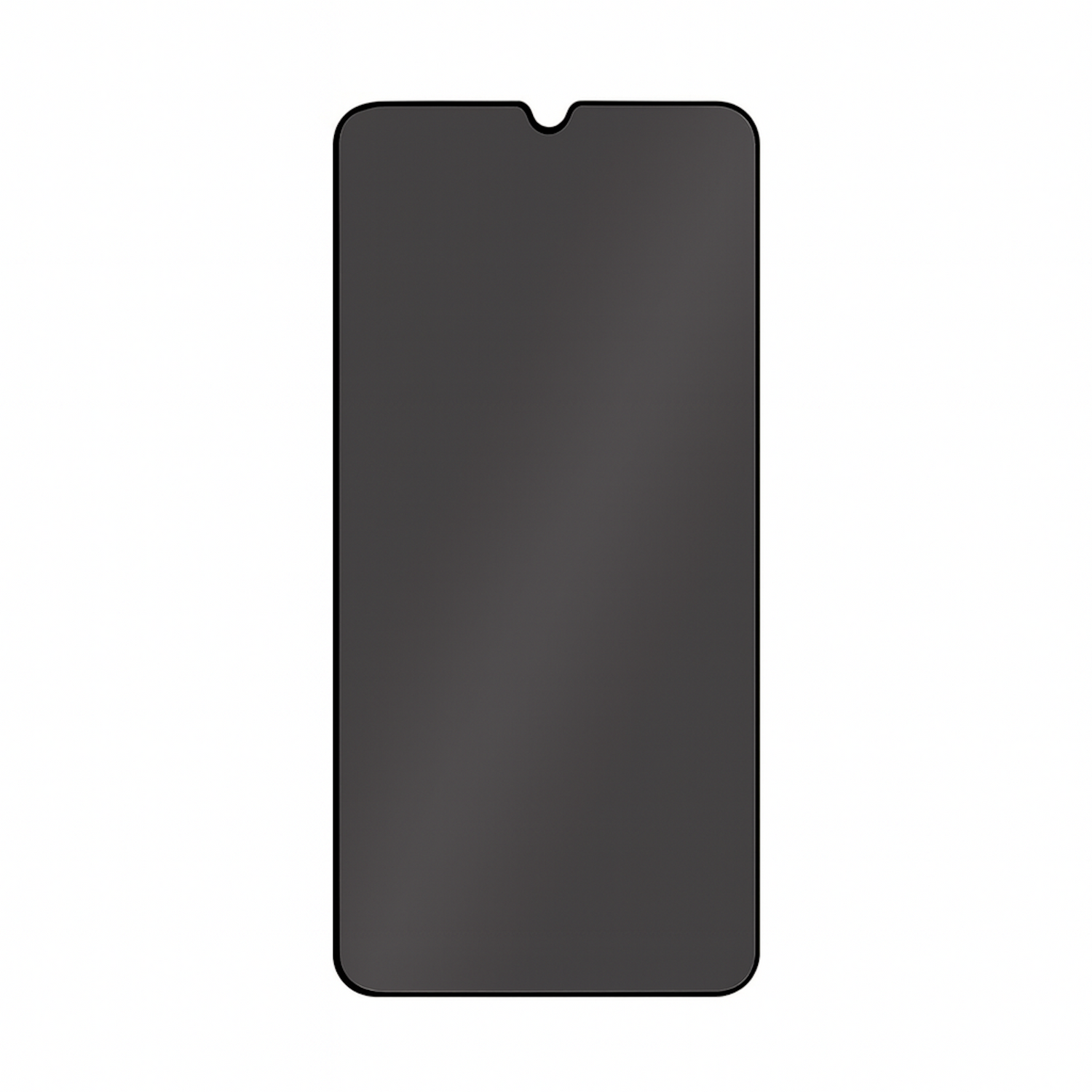 Ein dunkelgrauer Displayschutz für ein Mobiltelefon mit einer Kerbe oben und einem schwarzen Rahmen, isoliert auf Weiß.