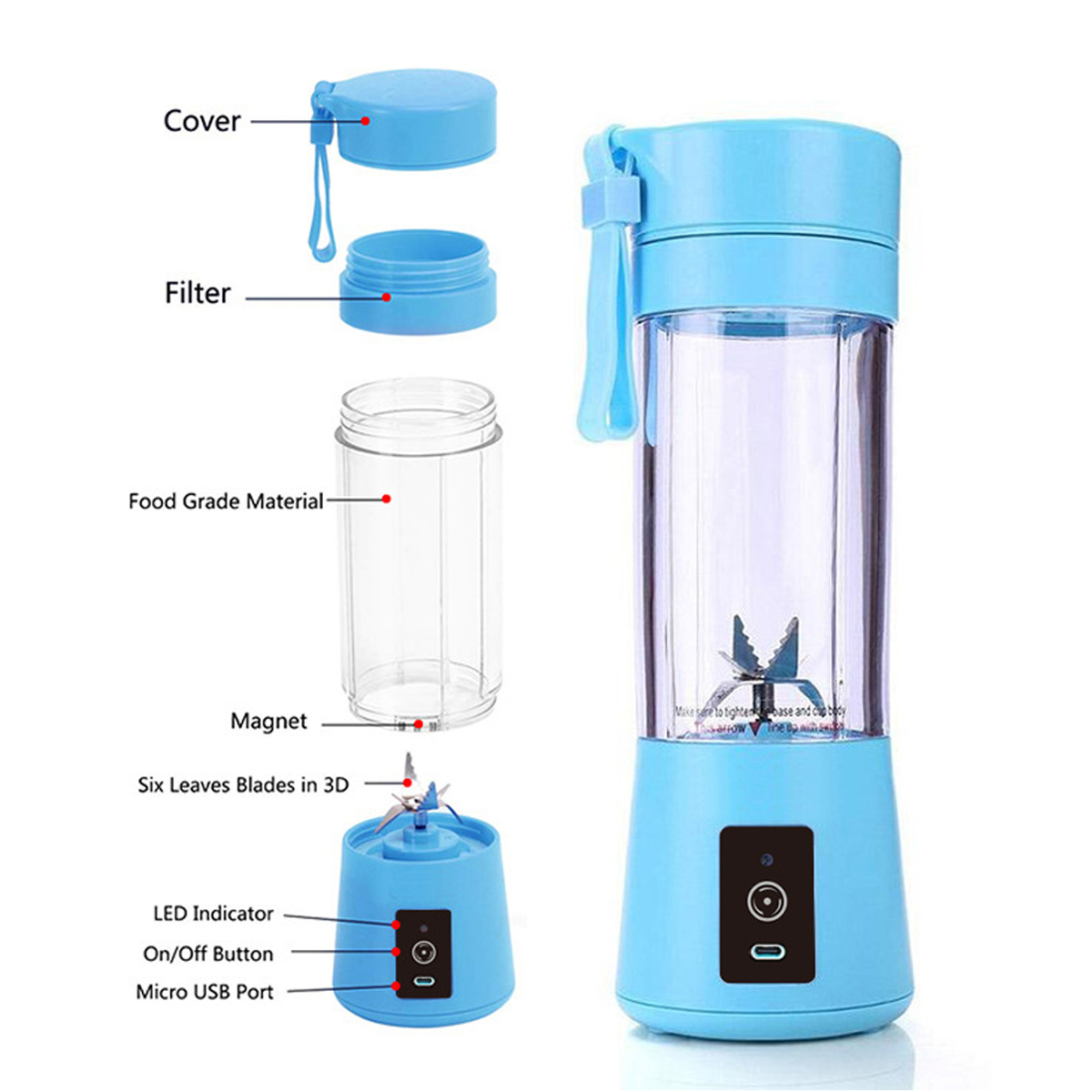Ein zerlegter blauer tragbarer Mixer mit Teilen: Deckel, Filter, Becher und Basis mit Klingen, Ein-/Aus-Taste und USB-Anschluss.