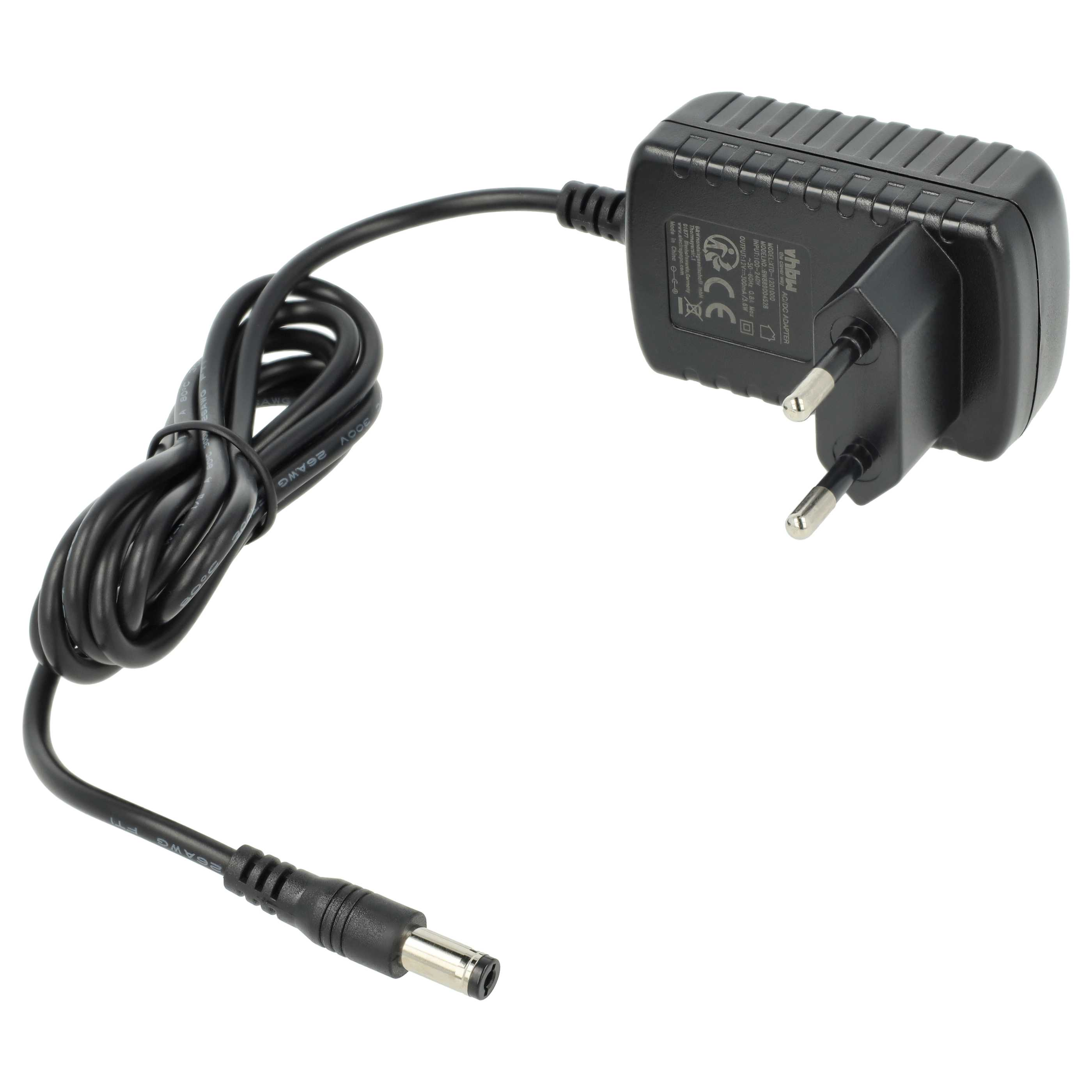 Schwarzes AC/DC-Netzteil mit schwarzem Kabel und DC-Anschluss. Der Stecker hat zwei Stifte. Weißer Hintergrund.