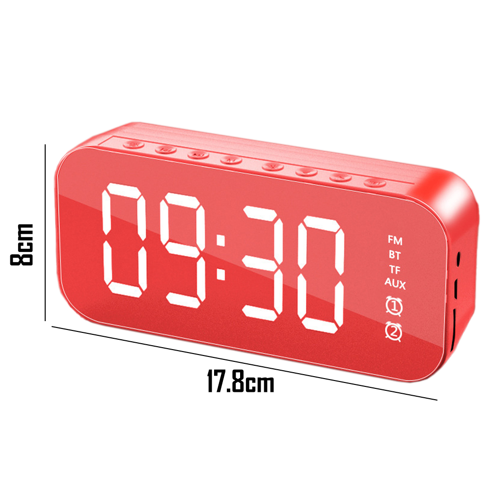 Eine rote Digitaluhr zeigt 09:30 Uhr an. Die Abmessungen sind 17,8 cm x 8 cm. Sie hat Tasten oben und Anschlüsse an der Seite.