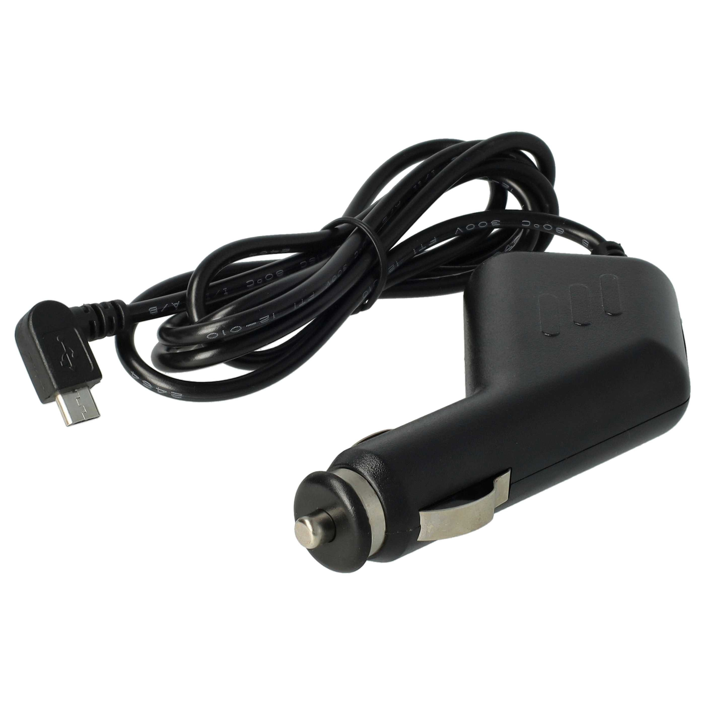 Ein schwarzes Autoladegerät mit USB-Anschluss und schwarzem Kabel. Der Lader befindet sich auf weißem Hintergrund.