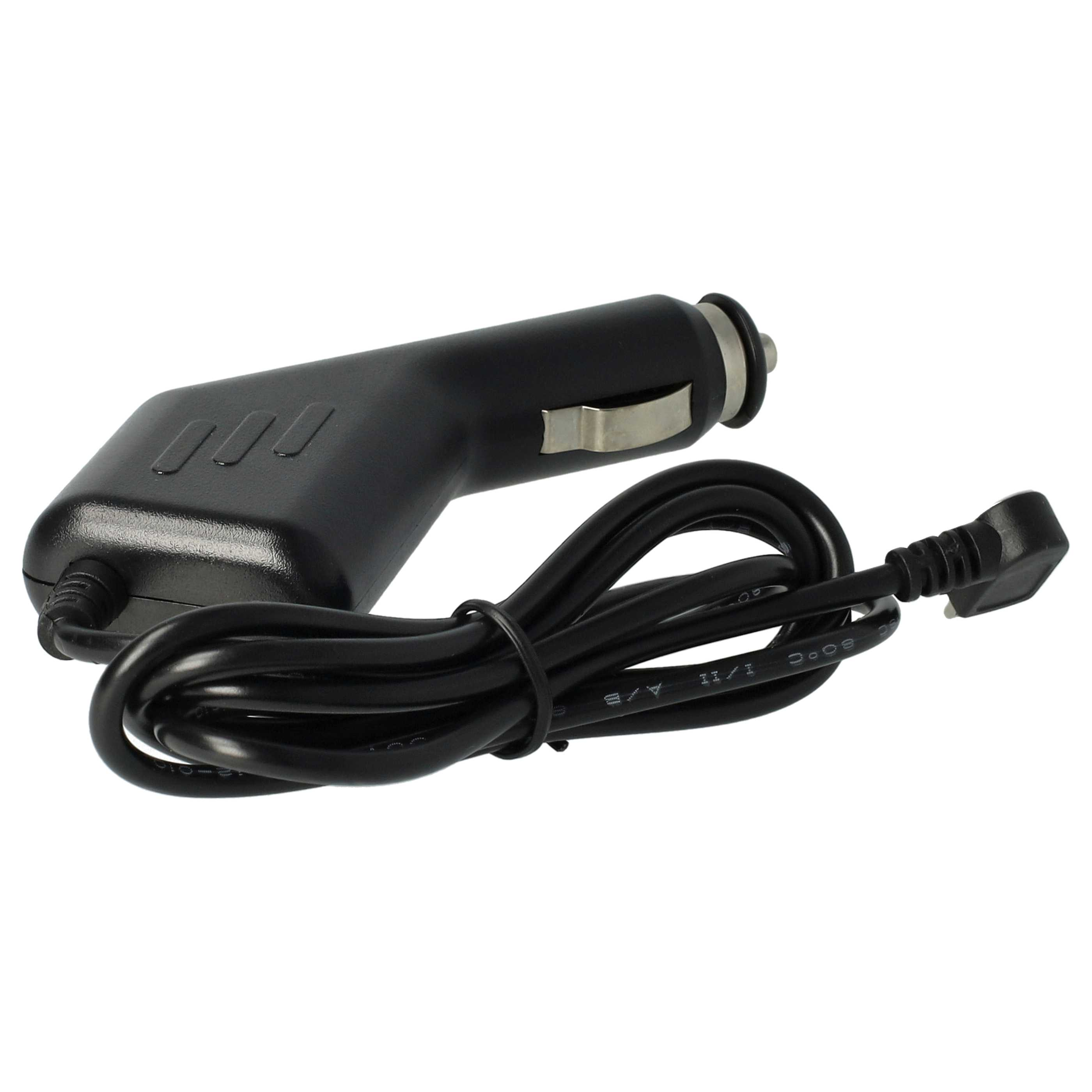 Schwarzes Autoladegerät mit schwarzem Kabel. Das Ladegerät hat drei geprägte Linien. Das Kabel ist gewickelt.