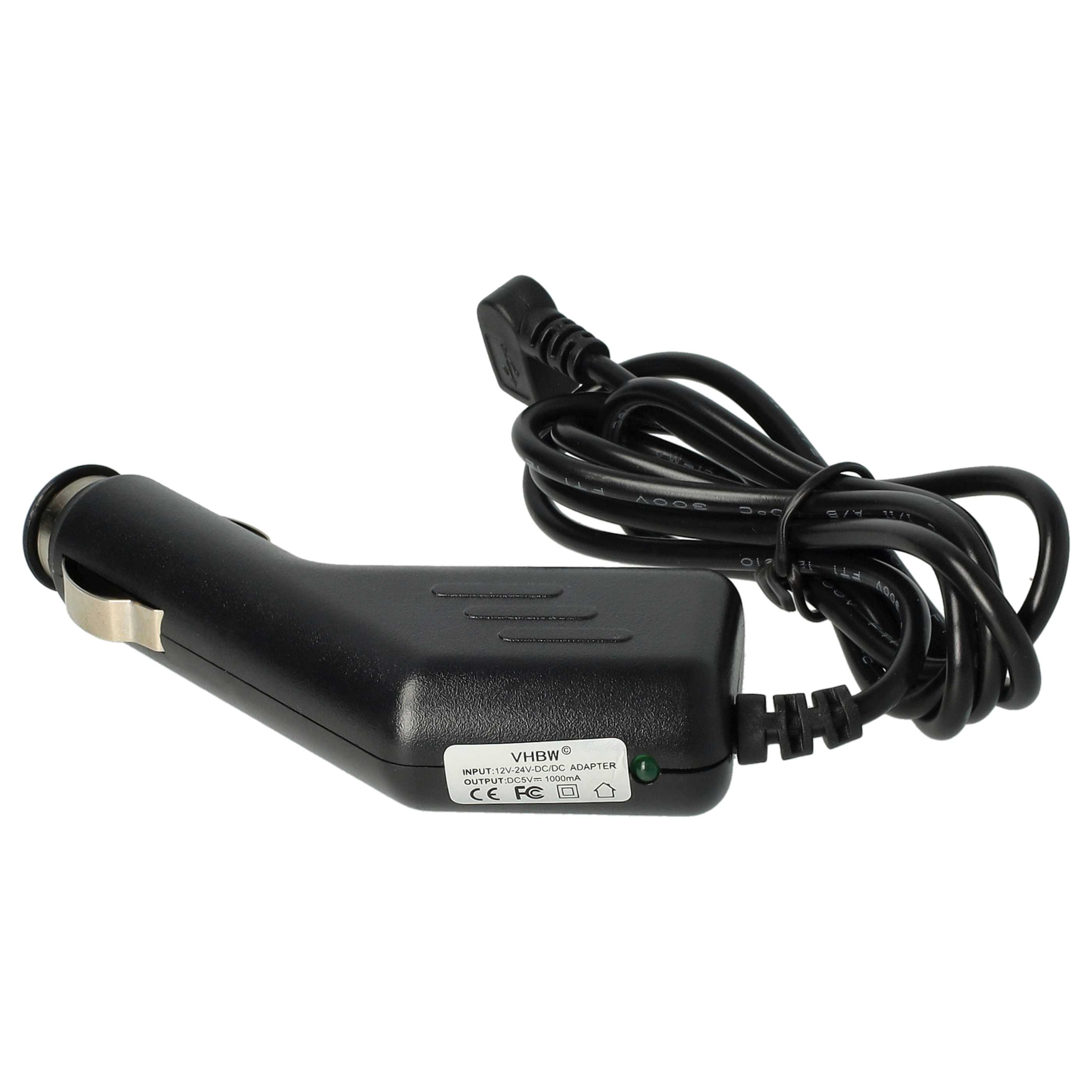 Schwarzer Autoladeadapter mit Kabel. Er hat ein grünes Licht und ein weißes Etikett mit Text.