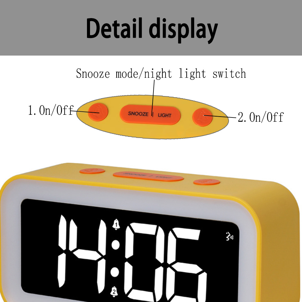 Gelber digitaler Wecker mit der Anzeige 14:06. Knöpfe für Ein/Aus, Schlummerfunktion und Licht sind sichtbar. Text: 'Detailanzeige'.