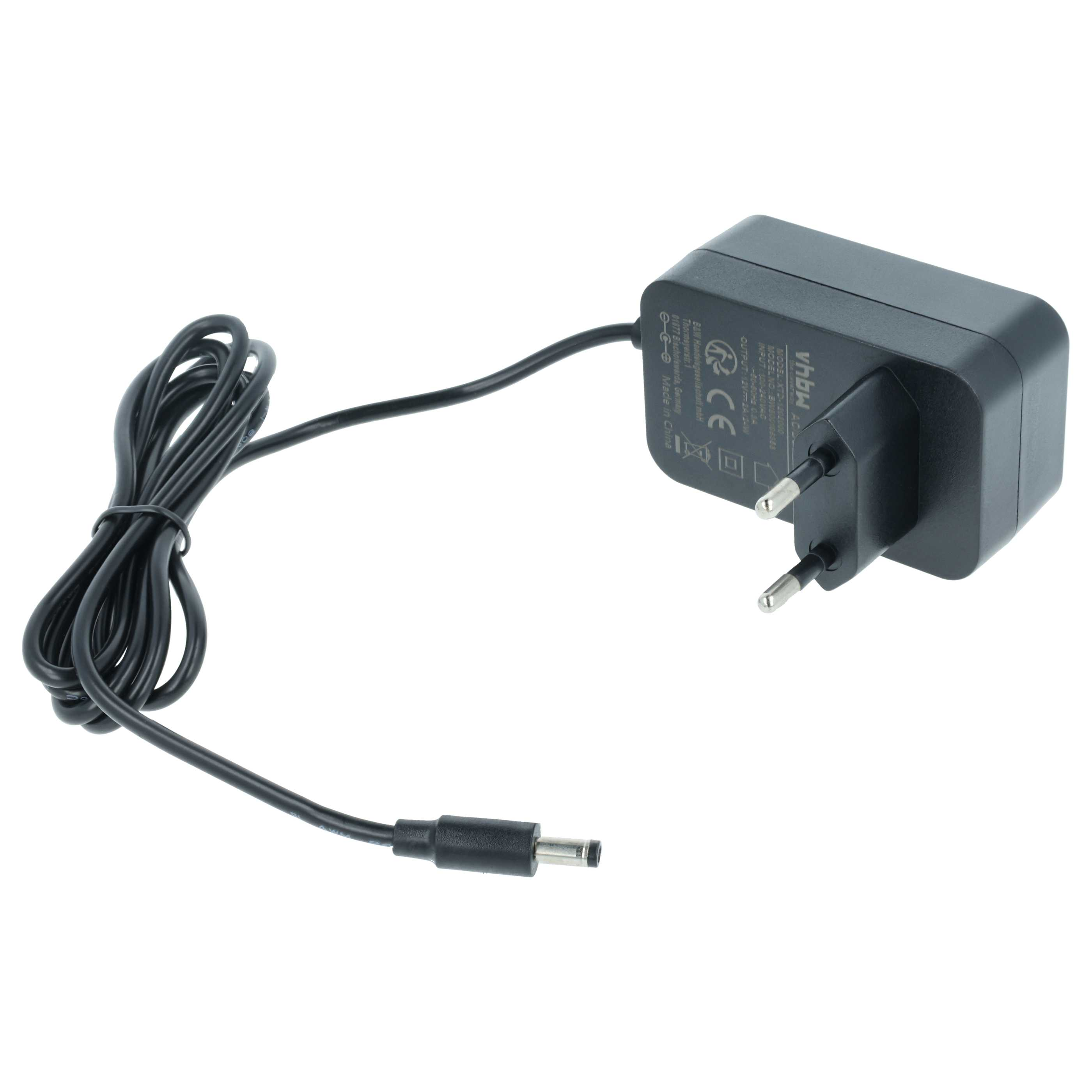 Schwarzes Netzteil mit schwarzem Kabel und DC-Anschluss. Der Adapter hat zwei Stifte.