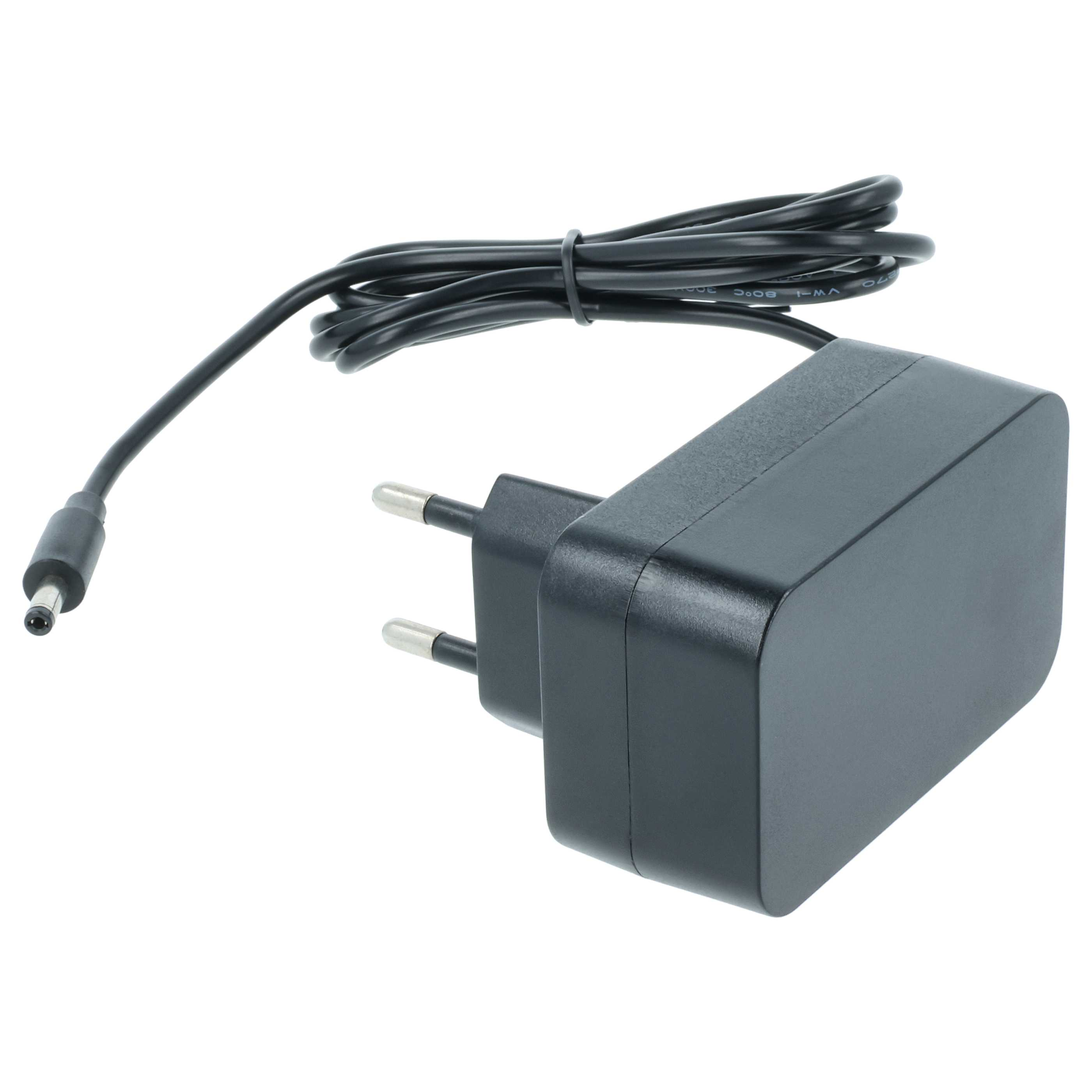 Ein schwarzes Netzteil mit einem Zweipolstecker und einem schwarzen Kabel mit DC-Anschluss auf weißem Hintergrund.