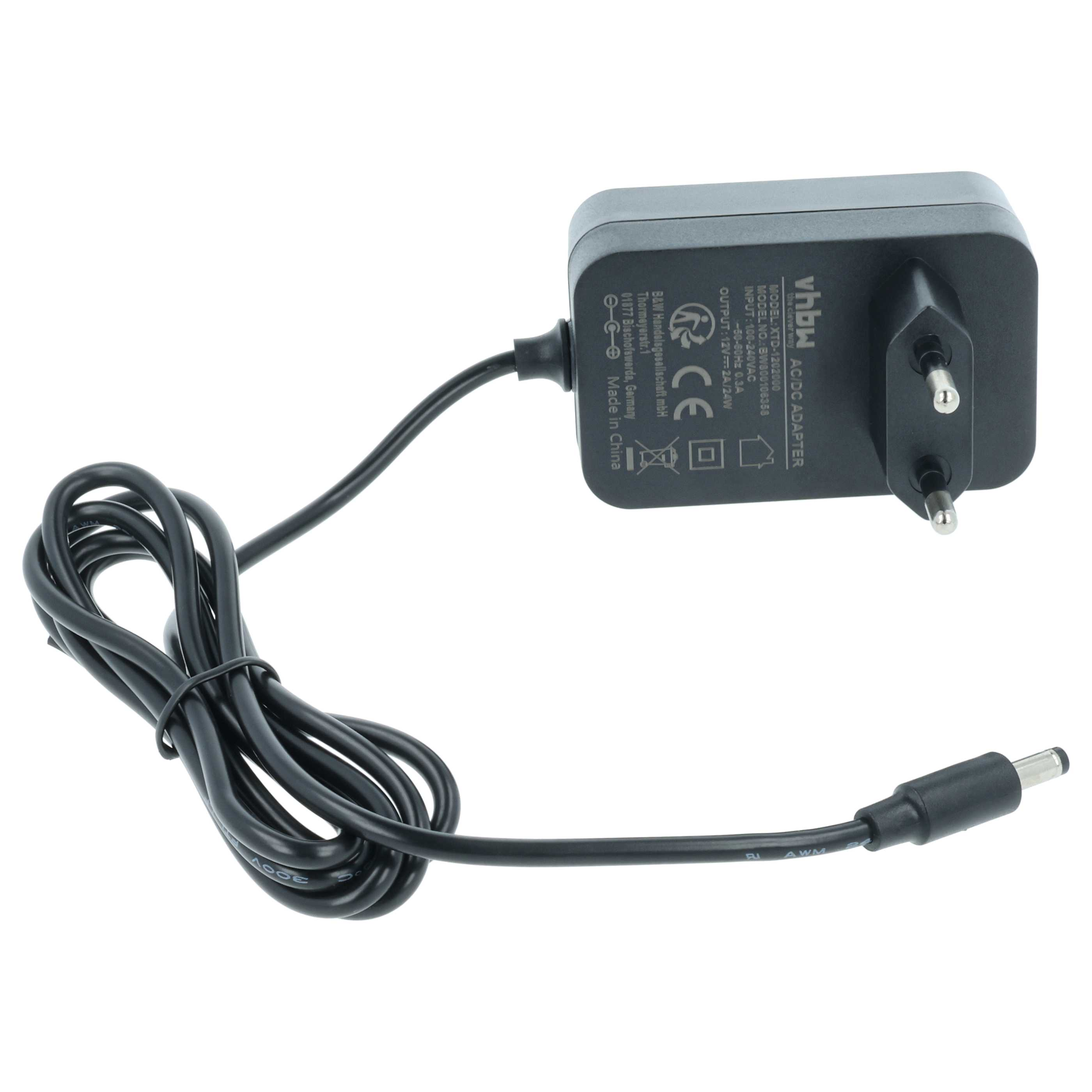 Ein AC/DC-Adapter mit schwarzem Gehäuse, schwarzem Kabel und einem zweipoligen Stecker, vor weißem Hintergrund.
