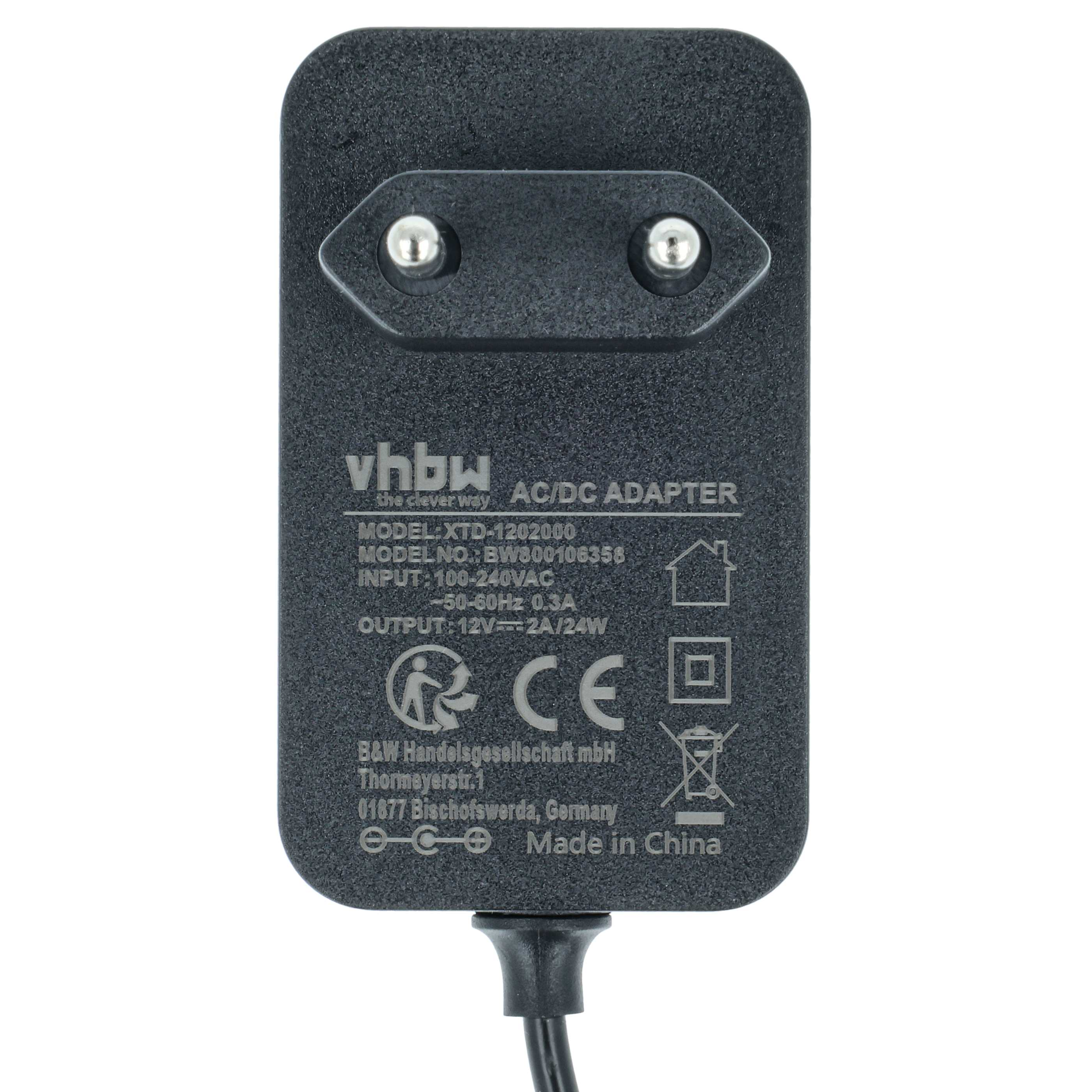 Schwarzes AC/DC-Netzteil mit zwei Stiften. Text auf dem Adapter enthält Markenname, Modell und Spannungsinformationen.