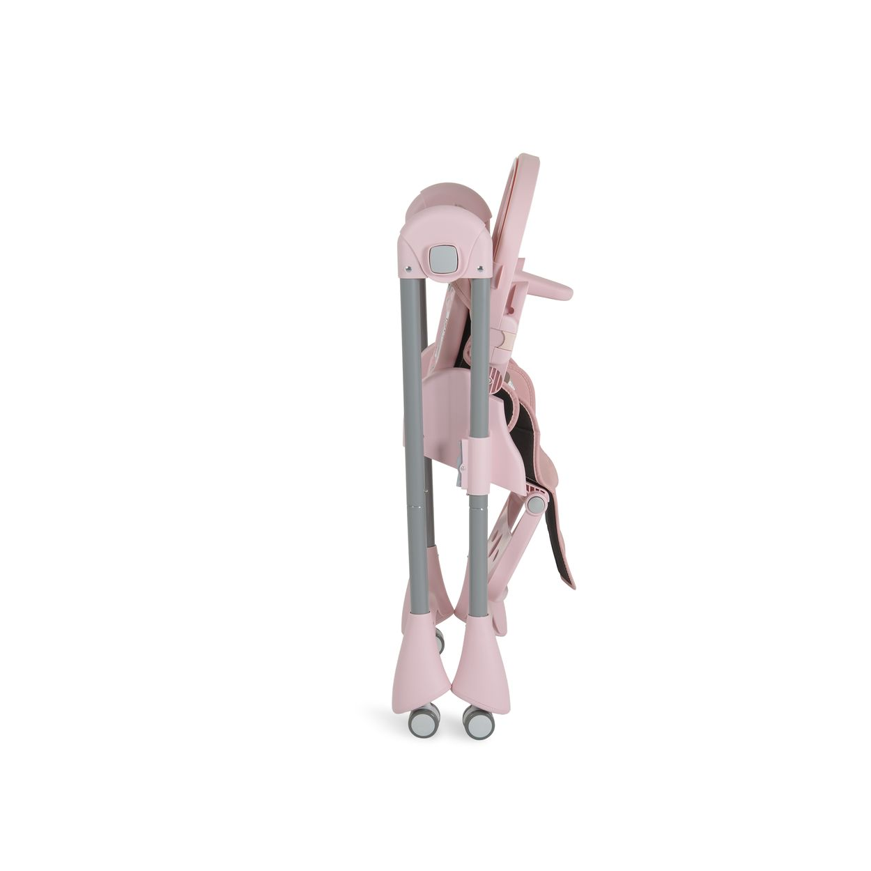 Ein rosa Babyhochstuhl, zusammengeklappt. Graue Beine und ein schwarzer Sitz. Rollen an der Basis. Seitenansicht vor weißem Hintergrund.