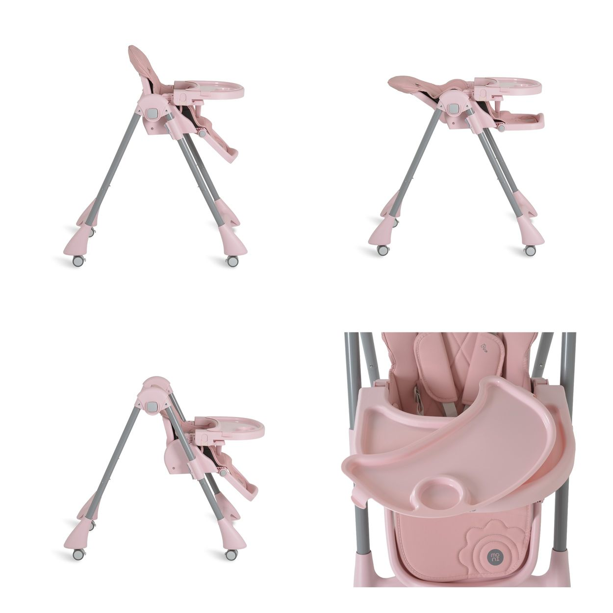 Vier Ansichten eines rosa Hochstuhls. Er hat ein Tablett, einen Sitz und Räder. Der Stuhl hat graue Beine und ein Blumendesign.