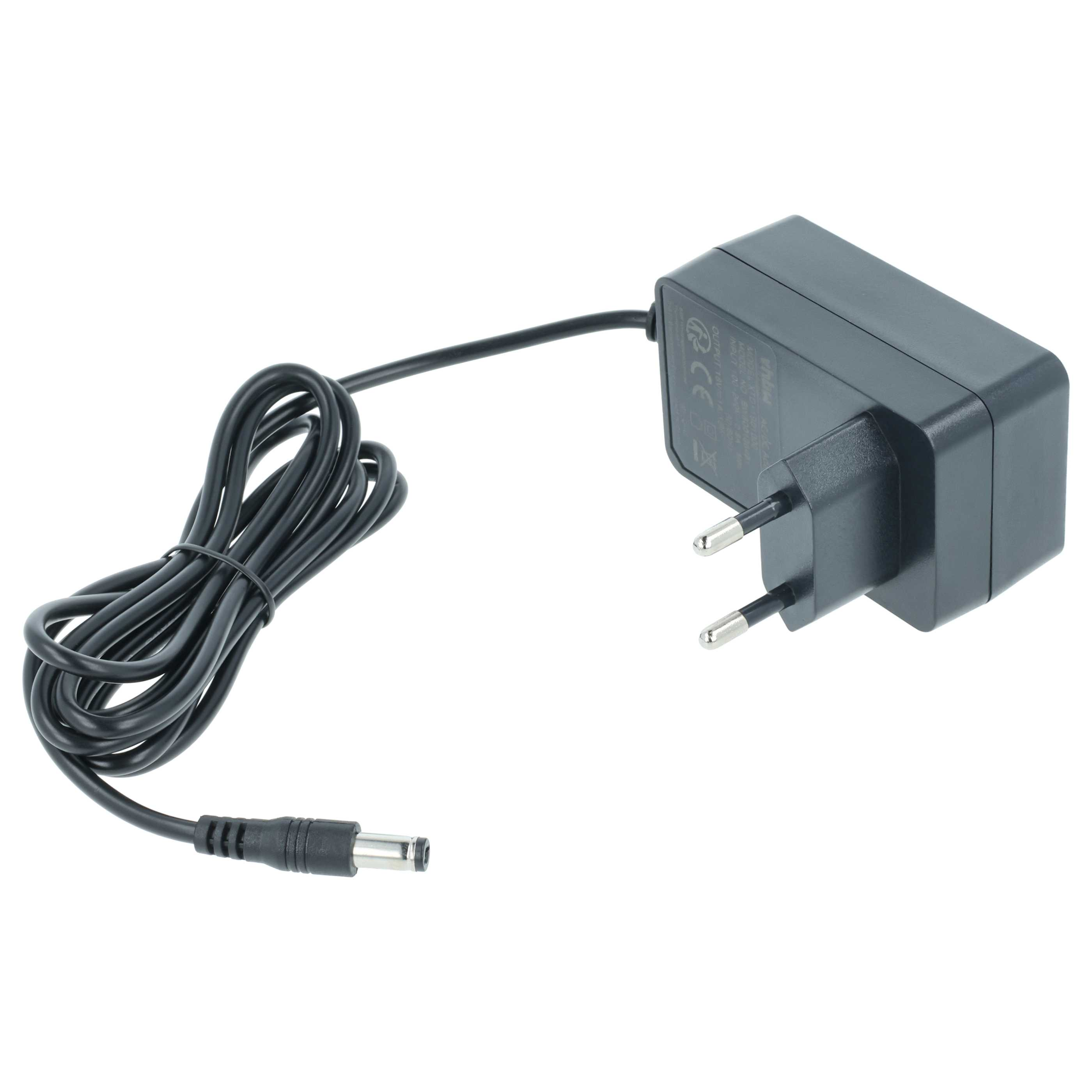 Schwarzes Netzteil mit Stecker, schwarzem Kabel und Stecker. Der Adapter ist rechteckig.