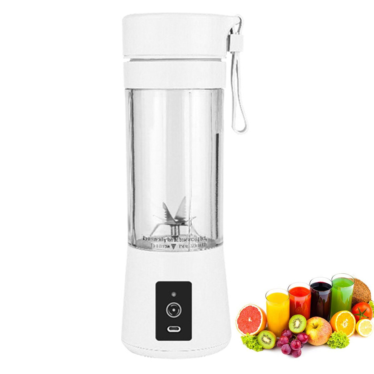 Ein weißer tragbarer Mixer mit einem durchsichtigen Behälter, Klinge im Inneren und einem Ein- / Ausschalter. Obst und Säfte sind auf der rechten Seite.