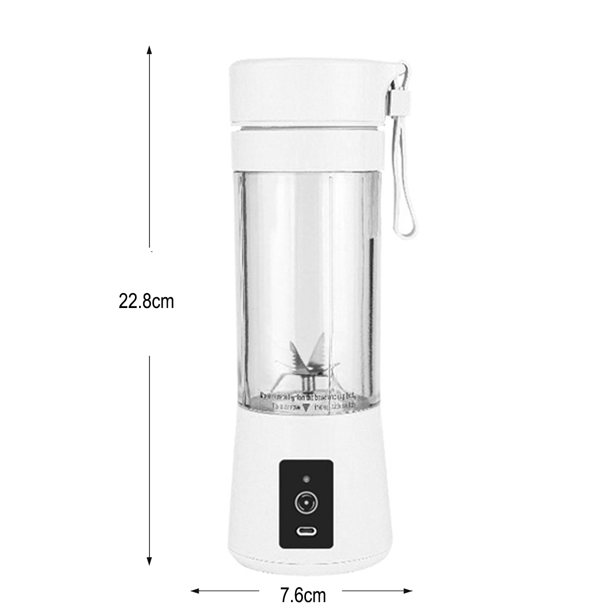 Ein weißer tragbarer Mixer mit einem transparenten Behälter und einer Klinge im Inneren. Er hat einen Ein-/Ausschalter und einen Griff. Abmessungen sind angegeben.