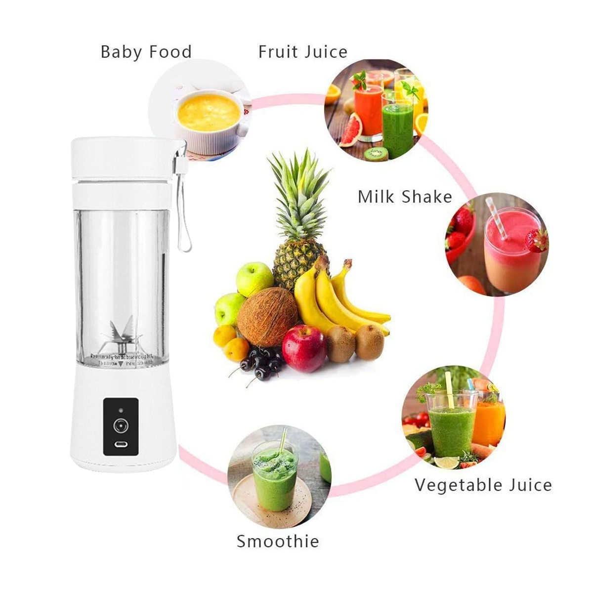 Ein weißer Mixer mit Früchten und Getränken wie Smoothie, Fruchtsaft, Babynahrung und Milchshake. Zu den Früchten gehören Ananas, Banane und Äpfel.