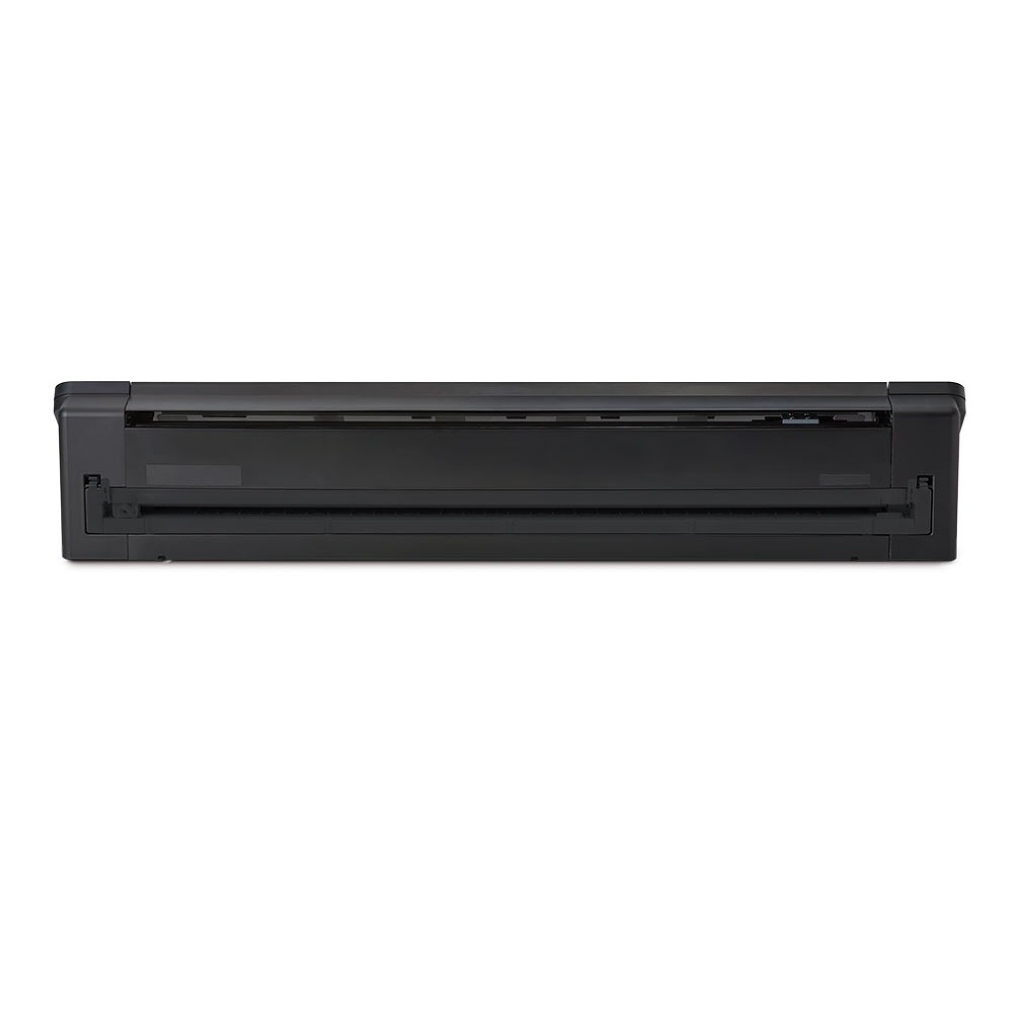 Uno scanner nero centrato su sfondo bianco. Forma rettangolare con fessura nella parte superiore.