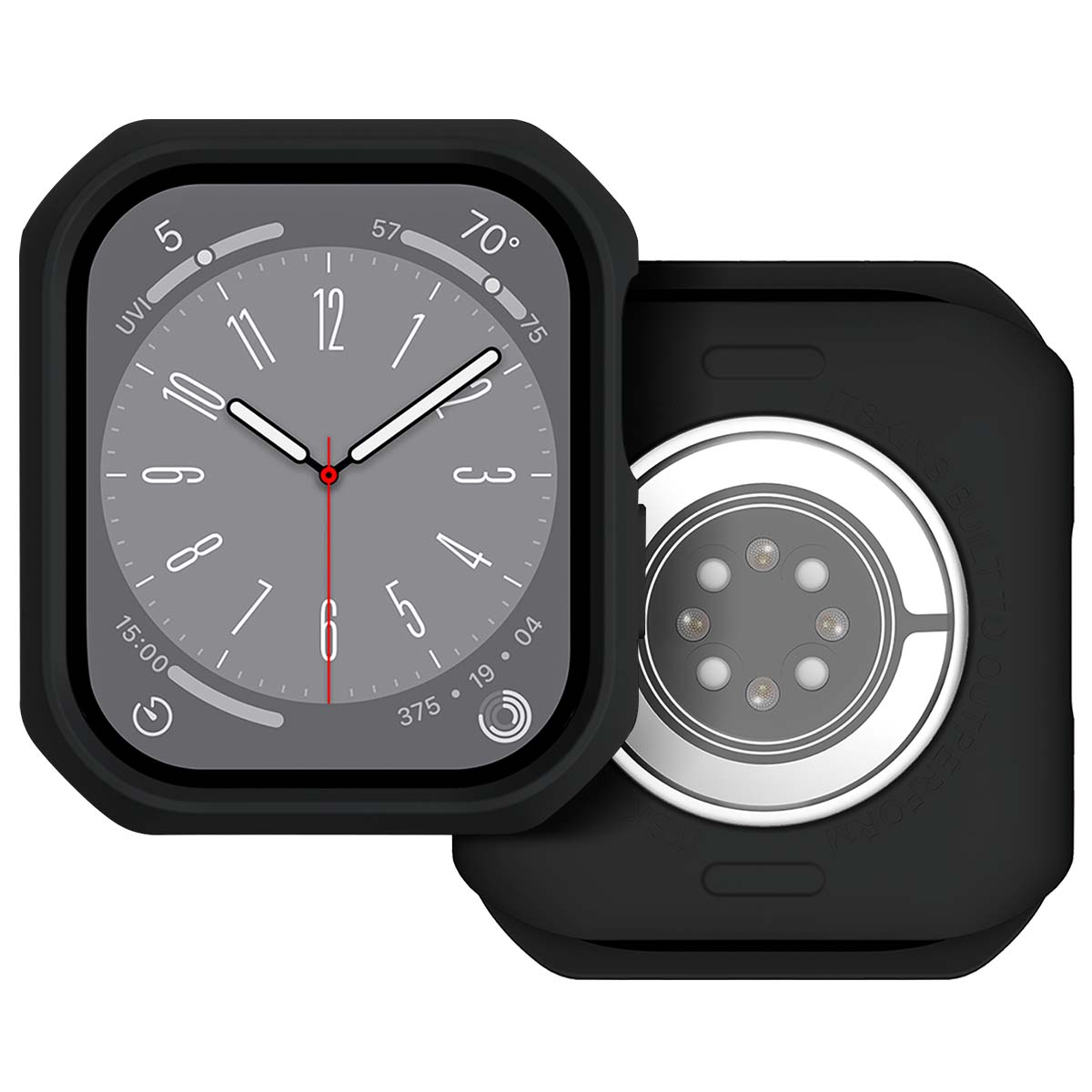 Uno smartwatch con cassa nera, che mostra un quadrante grigio con lancette bianche. È visibile anche il retro dell'orologio.
