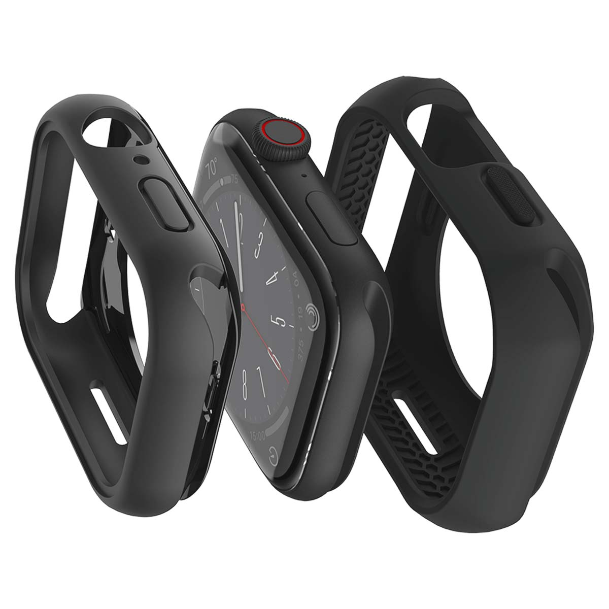 Apple Watch nera con custodie protettive. Quadrante visibile, mostra l'ora. Custodie davanti e dietro l'orologio.