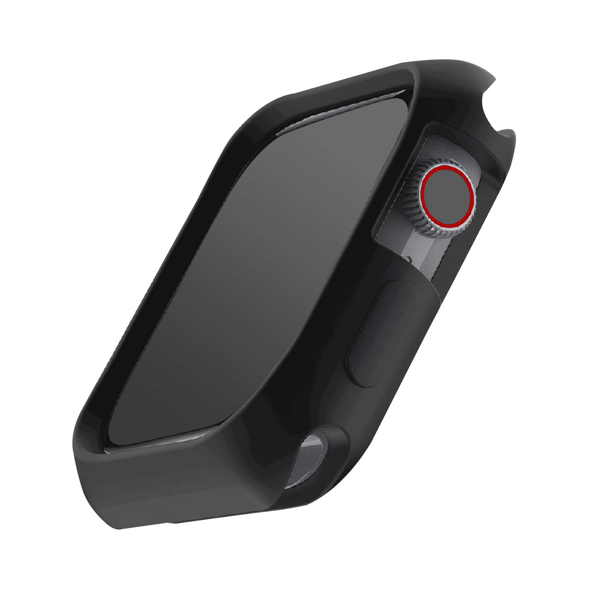 Una custodia nera per smartwatch. Ha uno schermo, un pulsante laterale con un anello rosso e un'apertura trasparente per il pulsante.