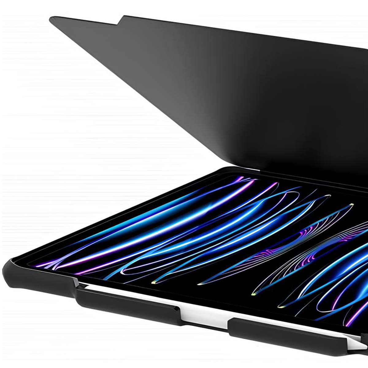 Schwarzes Tablet mit teilweise geöffneter Abdeckung, das einen Bildschirm mit abstrakten blauen und violetten Linien zeigt, auf weißem Hintergrund.