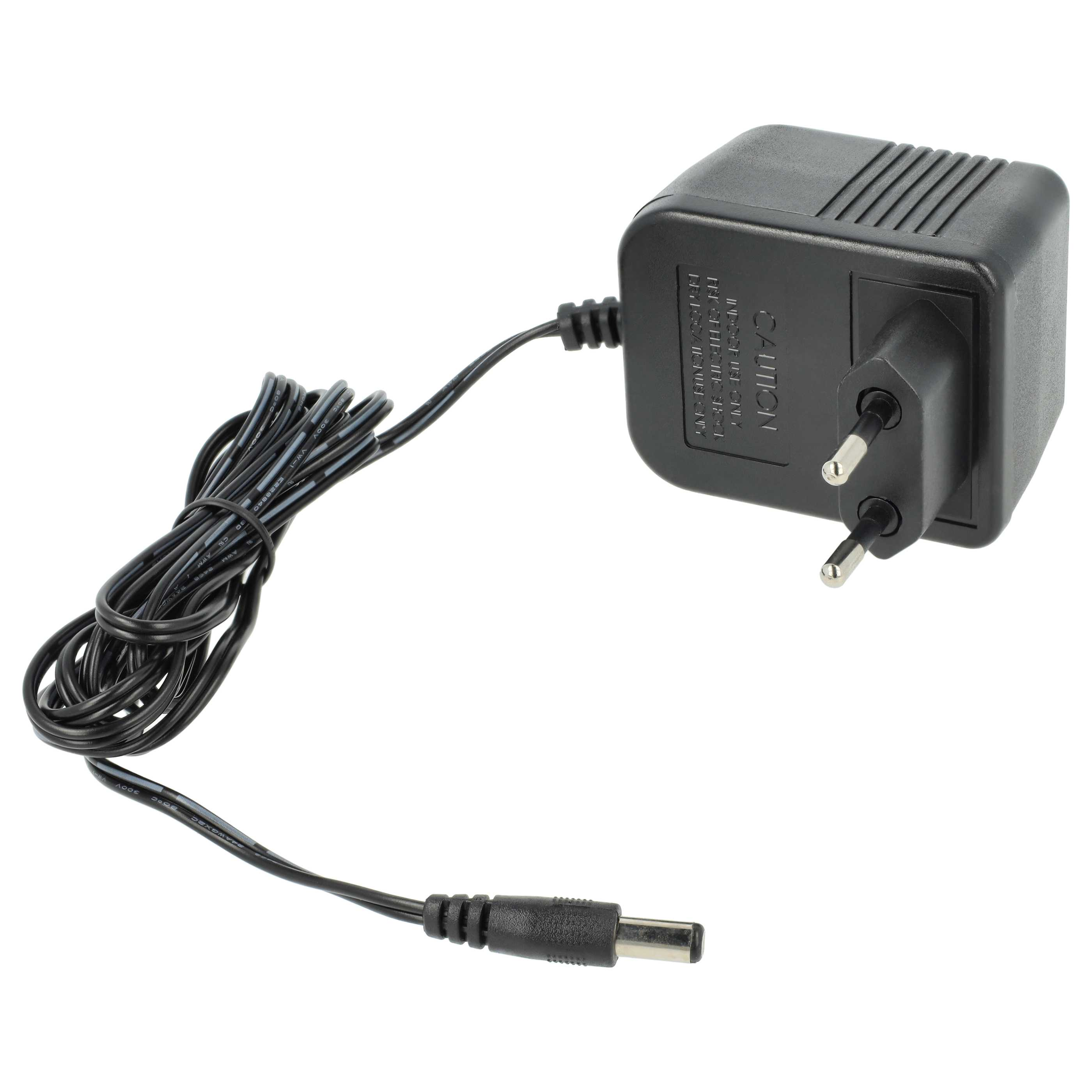 Ein schwarzes Netzteil mit Kabel und Stecker. Das Kabel ist aufgerollt. Der Stecker hat zwei Stifte.