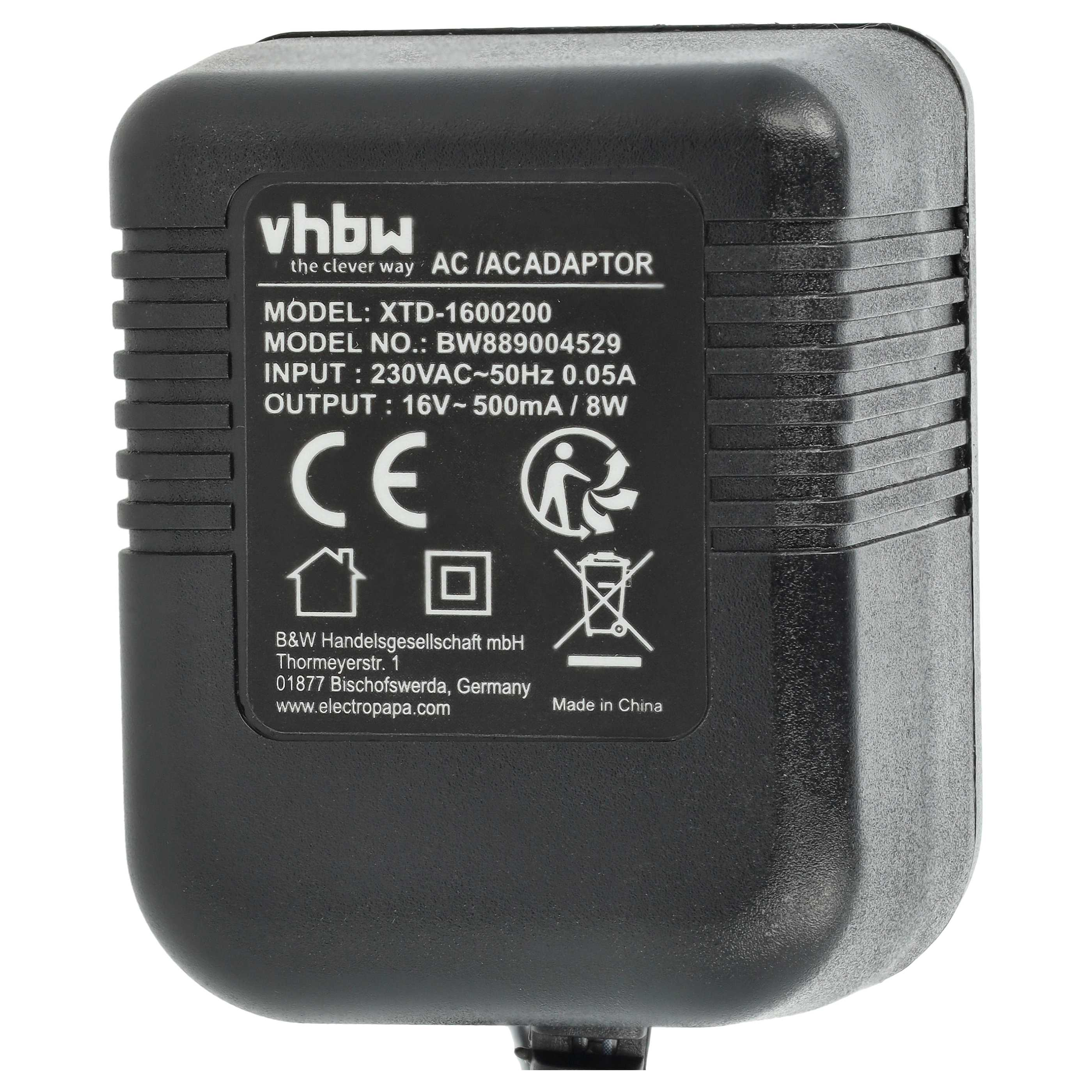 Schwarzes AC-Netzteil mit weißem Text. Es hat das vhbw-Logo und Produktinformationen. Es ist mit 'Made in China' gekennzeichnet.