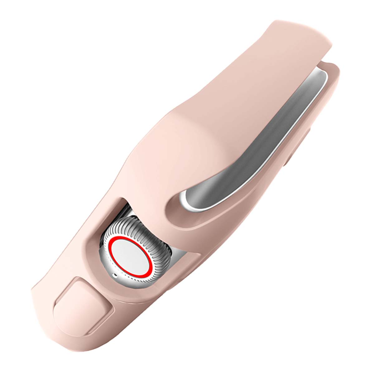 Una piastra per capelli rosa, con una piastra riscaldante argentata e un quadrante con un anello rosso. Lo sfondo è bianco.
