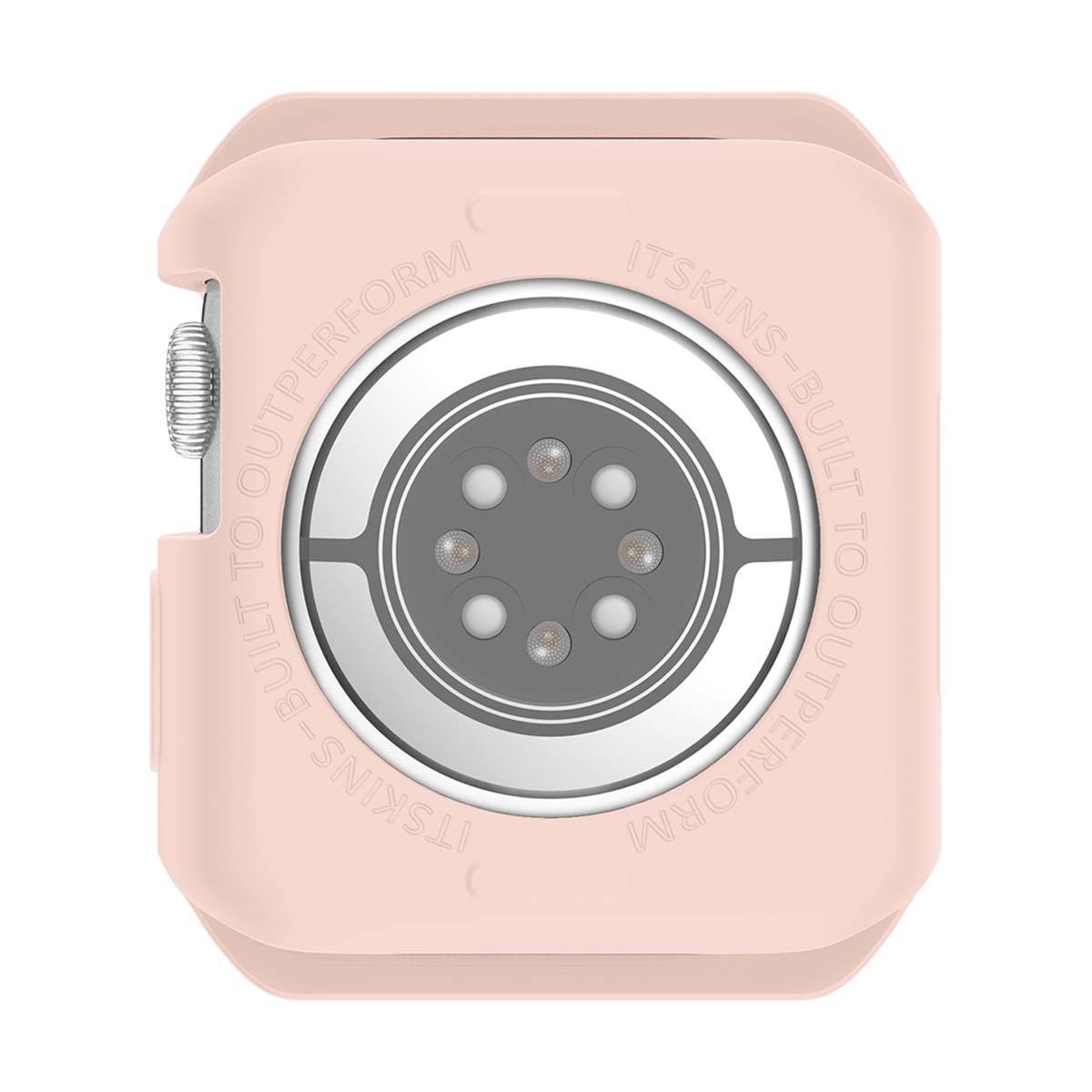 Una custodia rosa per Apple Watch con le parole 'ITSKINS-BUILT TO OUTPERFORM'. Il quadrante ha sensori ed è grigio.
