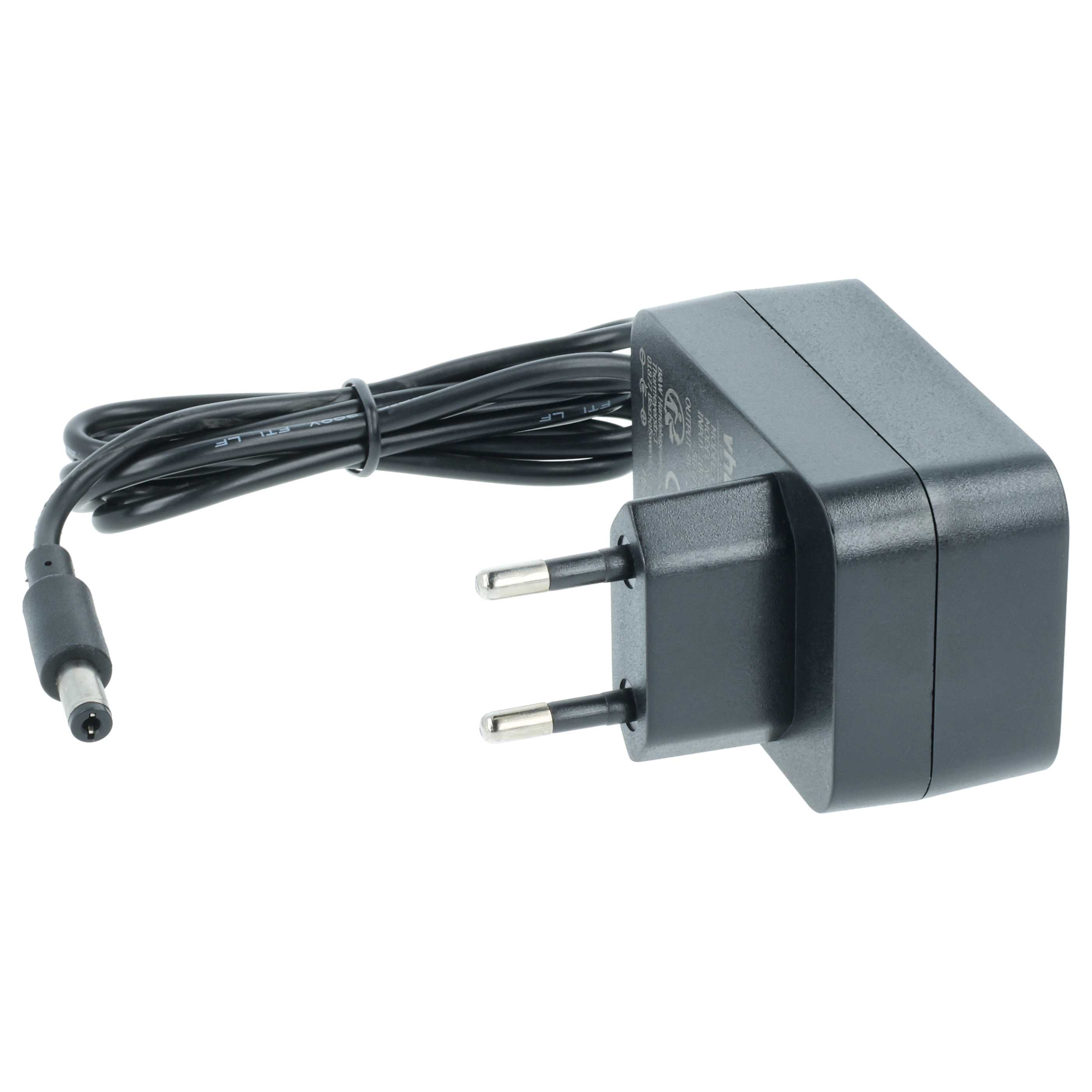 Ein schwarzes Netzteil mit Stecker und schwarzem Kabel. Der Stecker hat zwei silberne Stifte.