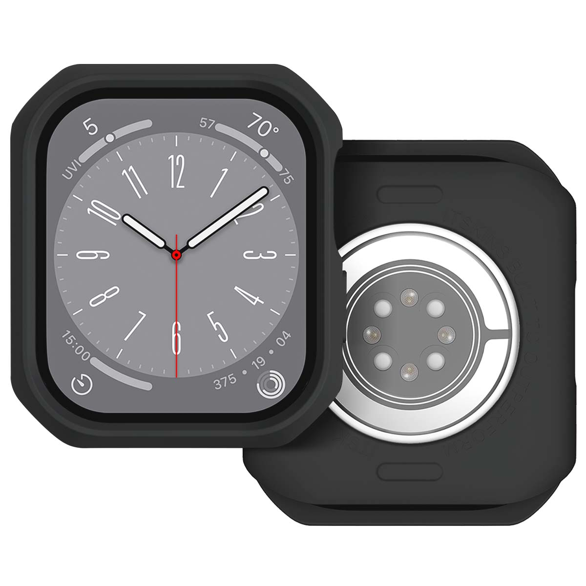 Uno smartwatch nero con custodia protettiva. Il quadrante mostra l'ora, la temperatura e altre metriche. La custodia è staccata.
