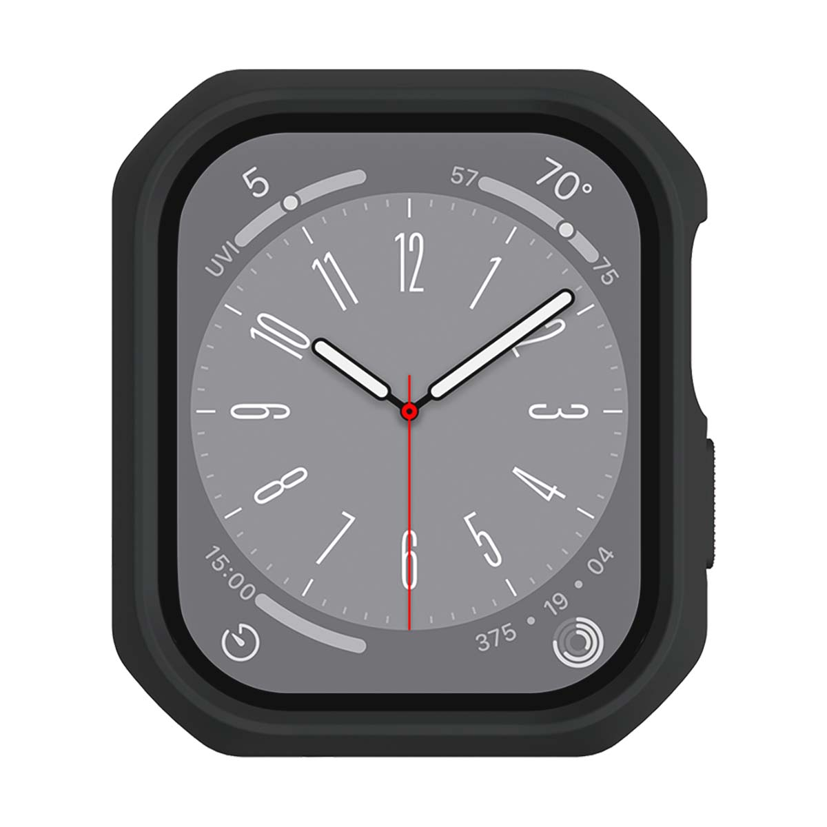 Un'interfaccia di smartwatch mostra l'ora, la temperatura e altri dati. Lo schermo è grigio con lancette bianche. È racchiuso in una custodia protettiva nera.