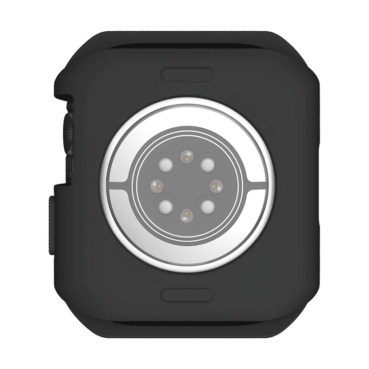Retro dell'orologio nero. Un cerchio argentato con sensori. La cassa ha la scritta: ITSKINS BUILT TO OUTPERFORM.