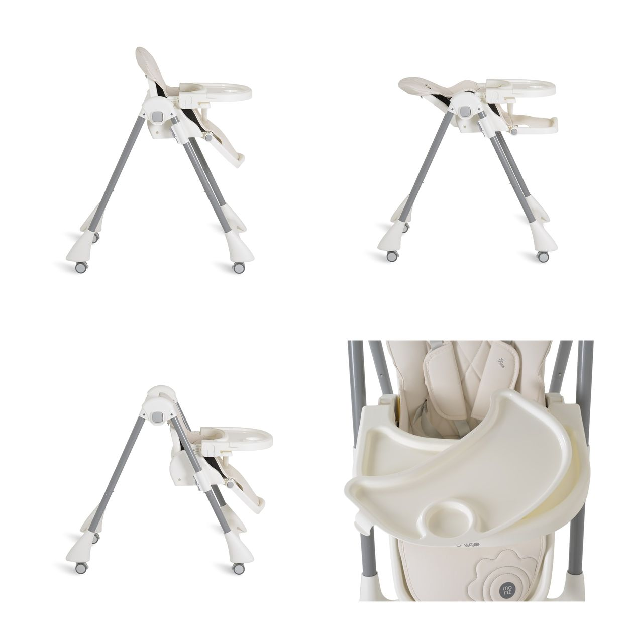 Ein weißer Babyhochstuhl mit grauen Beinen und einem abnehmbaren Tablett wird aus verschiedenen Blickwinkeln vor weißem Hintergrund gezeigt.