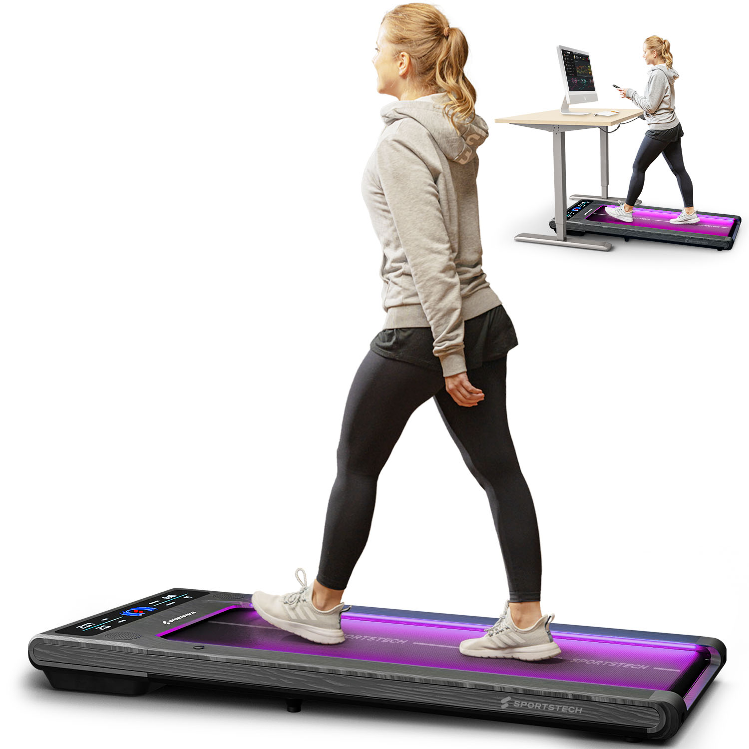 Frau läuft auf einem SportsTech-Laufband. Eine andere Frau benutzt ein ähnliches Laufband mit Schreibtisch und Computer.