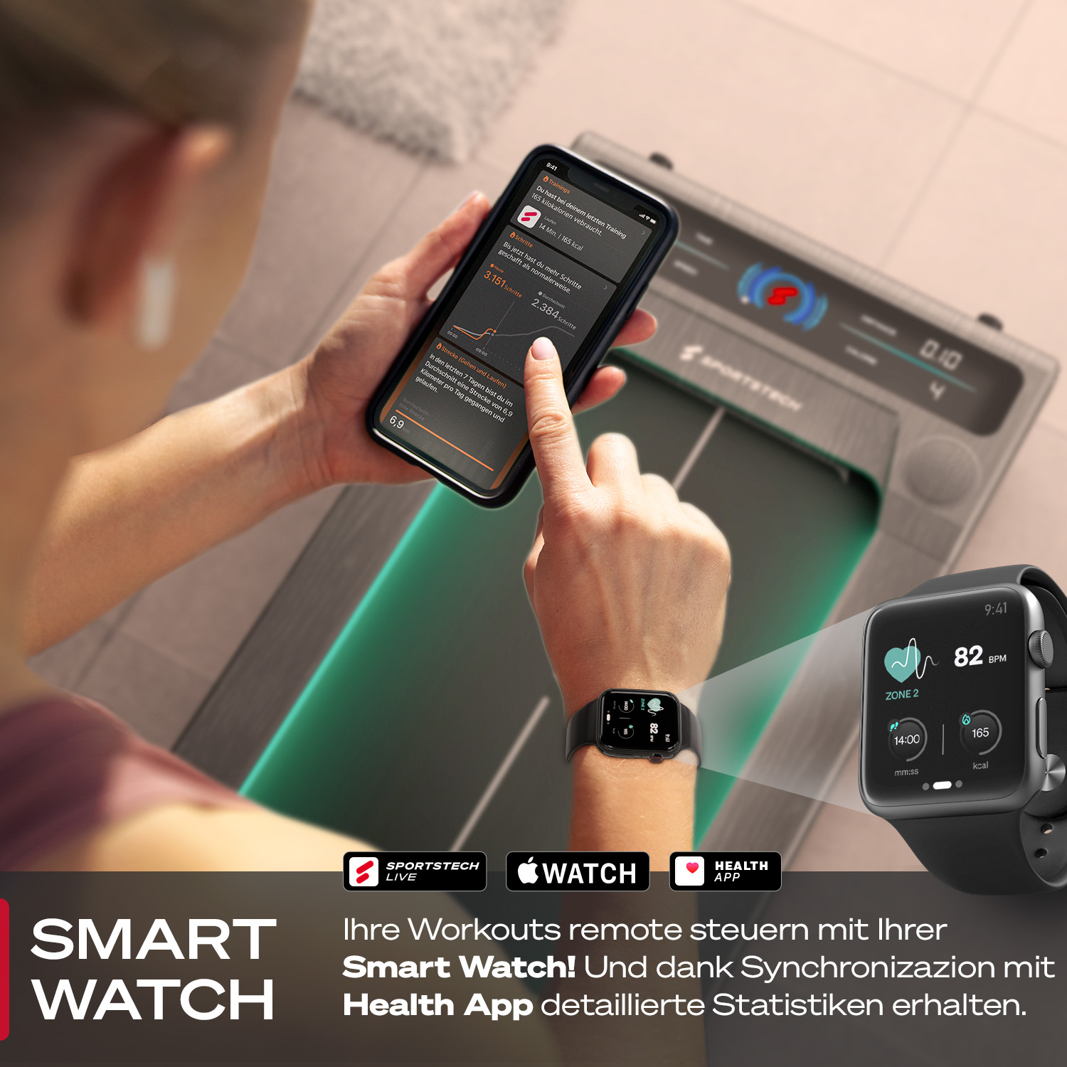 Eine Person nutzt ein Telefon und eine Smartwatch, um Fitnessdaten zu überwachen. Das Bild zeigt Trainingsstatistiken.