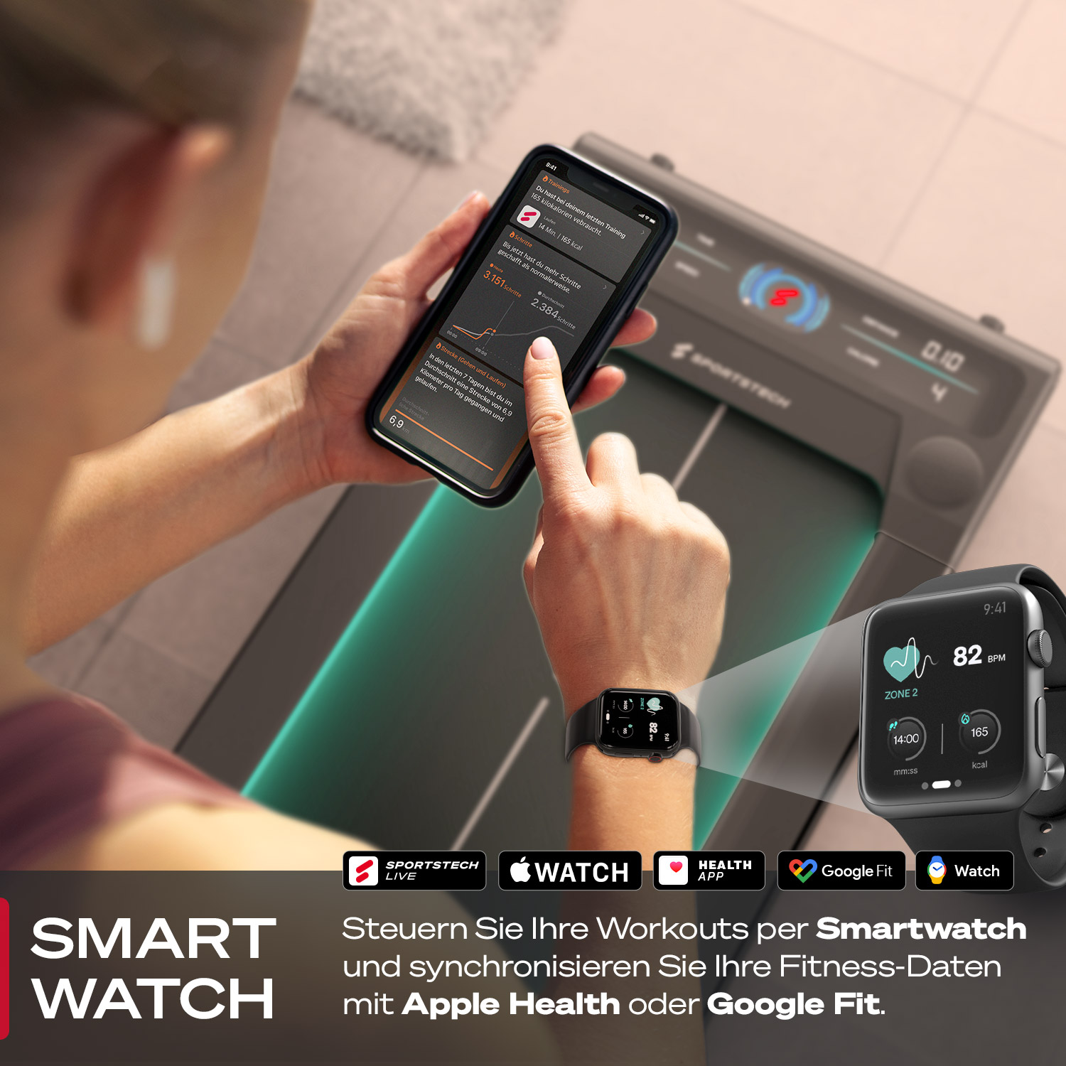 Eine Person, die eine Smartwatch und ein Telefon zur Verfolgung von Trainingsdaten verwendet. Details umfassen Herzfrequenz, Schritte und Trainingszeit.