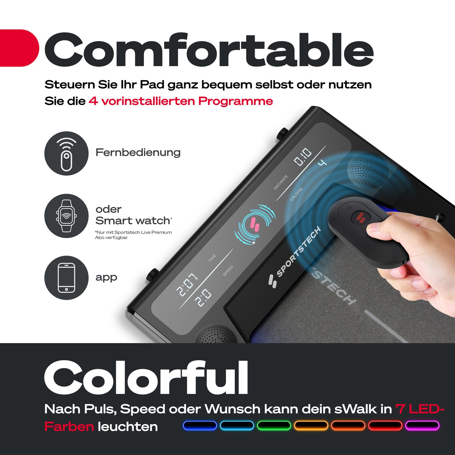 Eine Anzeige zeigt ein SportsTech-Gerät mit einer Fernbedienung in der Hand. Es zeigt auch Symbole für eine Fernbedienung, eine Smartwatch und eine App.