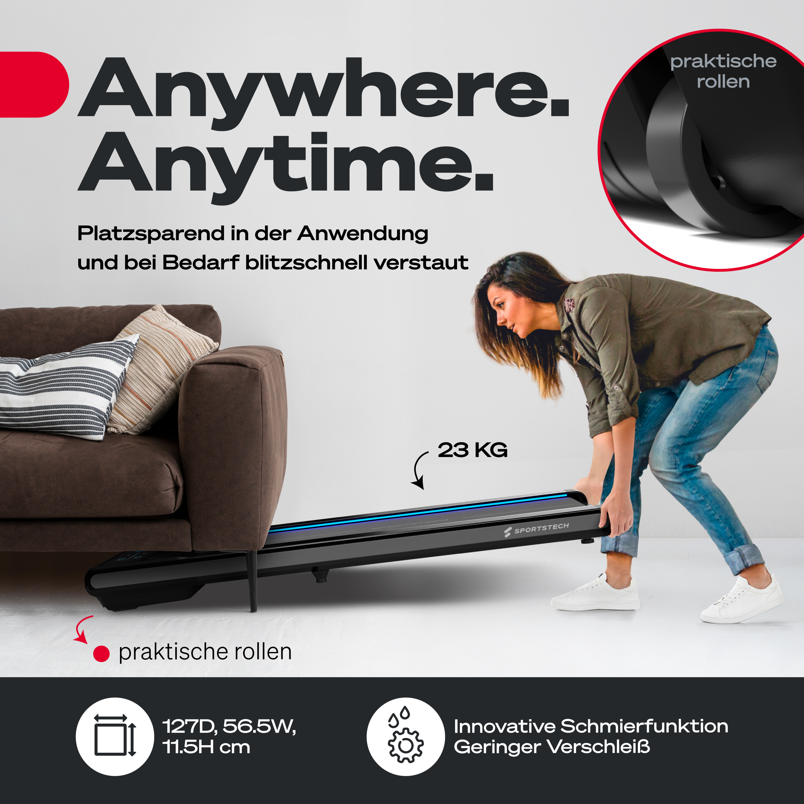 Eine Frau hebt ein schwarzes Laufband. Text: Überall. Jederzeit. Praktische Rollen. 23 KG. Abmessungen.