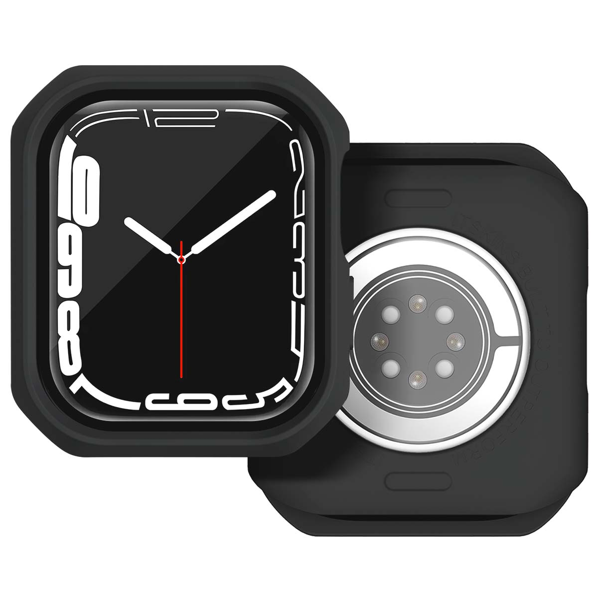 Apple Watch nera con custodia protettiva. Lancette e numeri bianchi. Retro argento con sensori. Cassa nera.