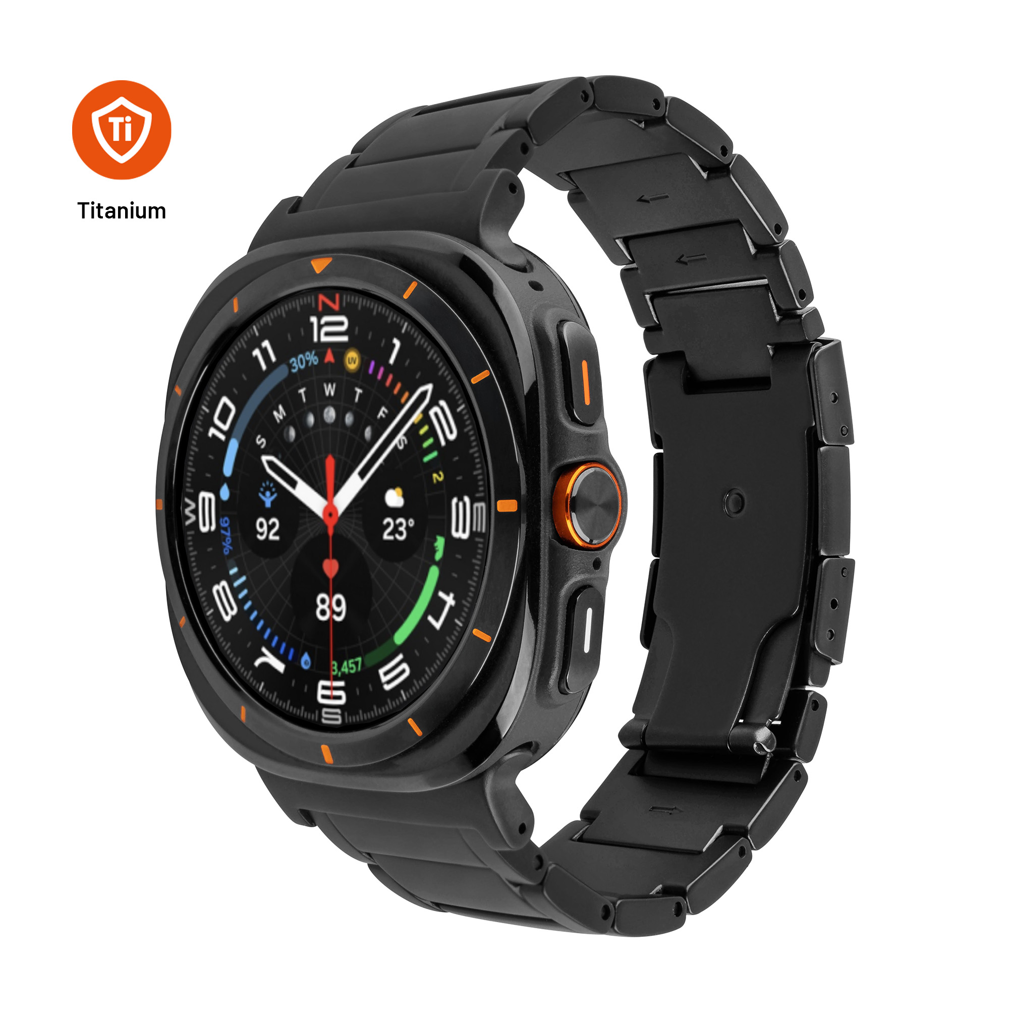 Schwarze Smartwatch mit Titan-Gehäuse und Armband. Das Zifferblatt zeigt Informationen an. Orange Akzente heben das Design hervor.