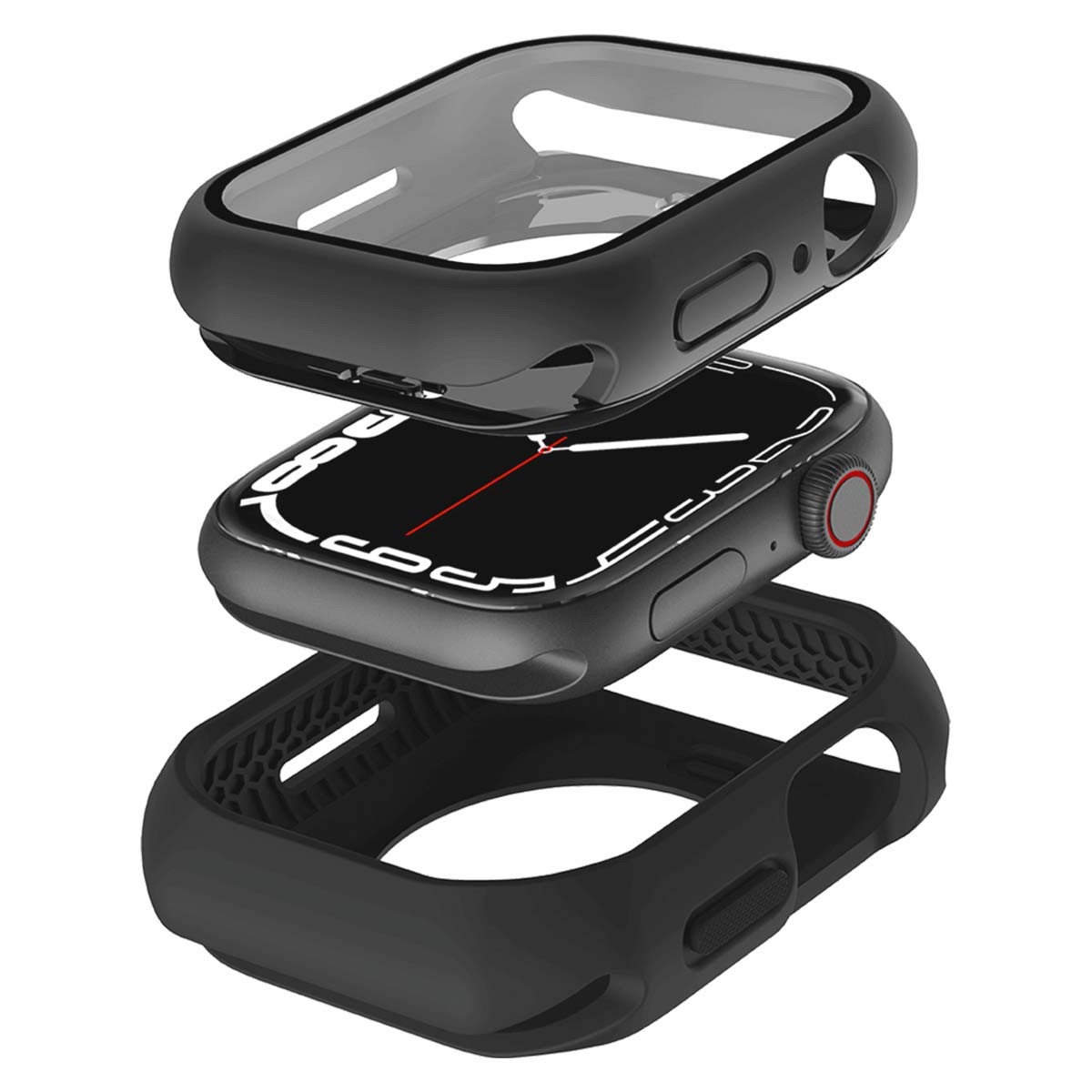Vista esplosa di uno smartwatch nero con tre strati protettivi: coperchio superiore, orologio e telaio inferiore.