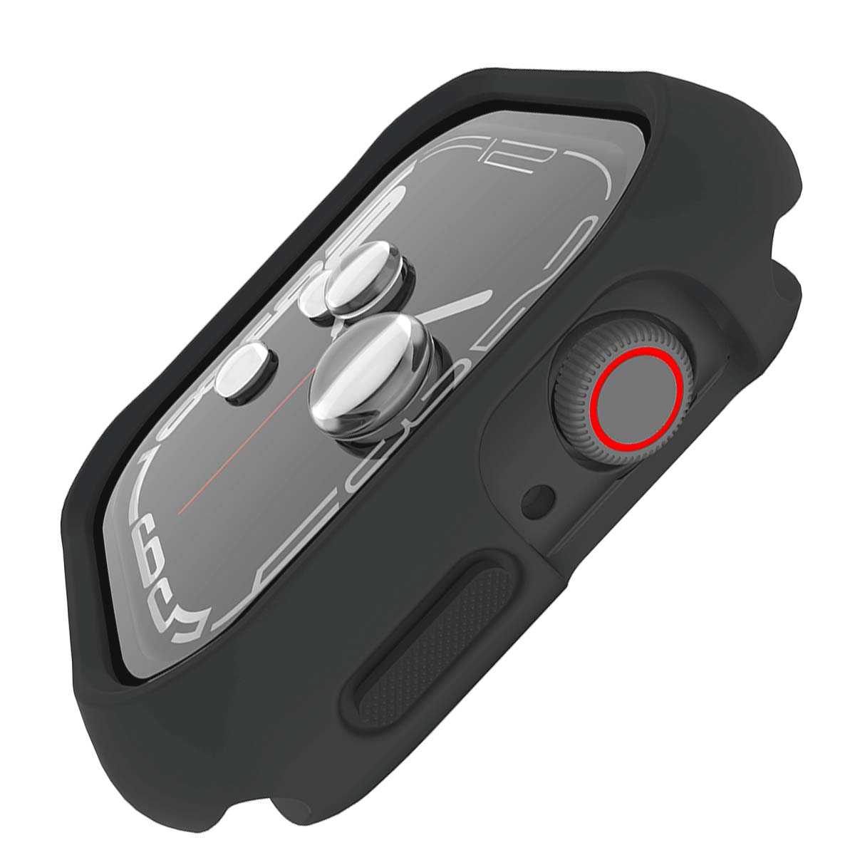 Smartwatch nero con cassa nera, display digitale, pulsanti e corona rotante. Il quadrante mostra i numeri.