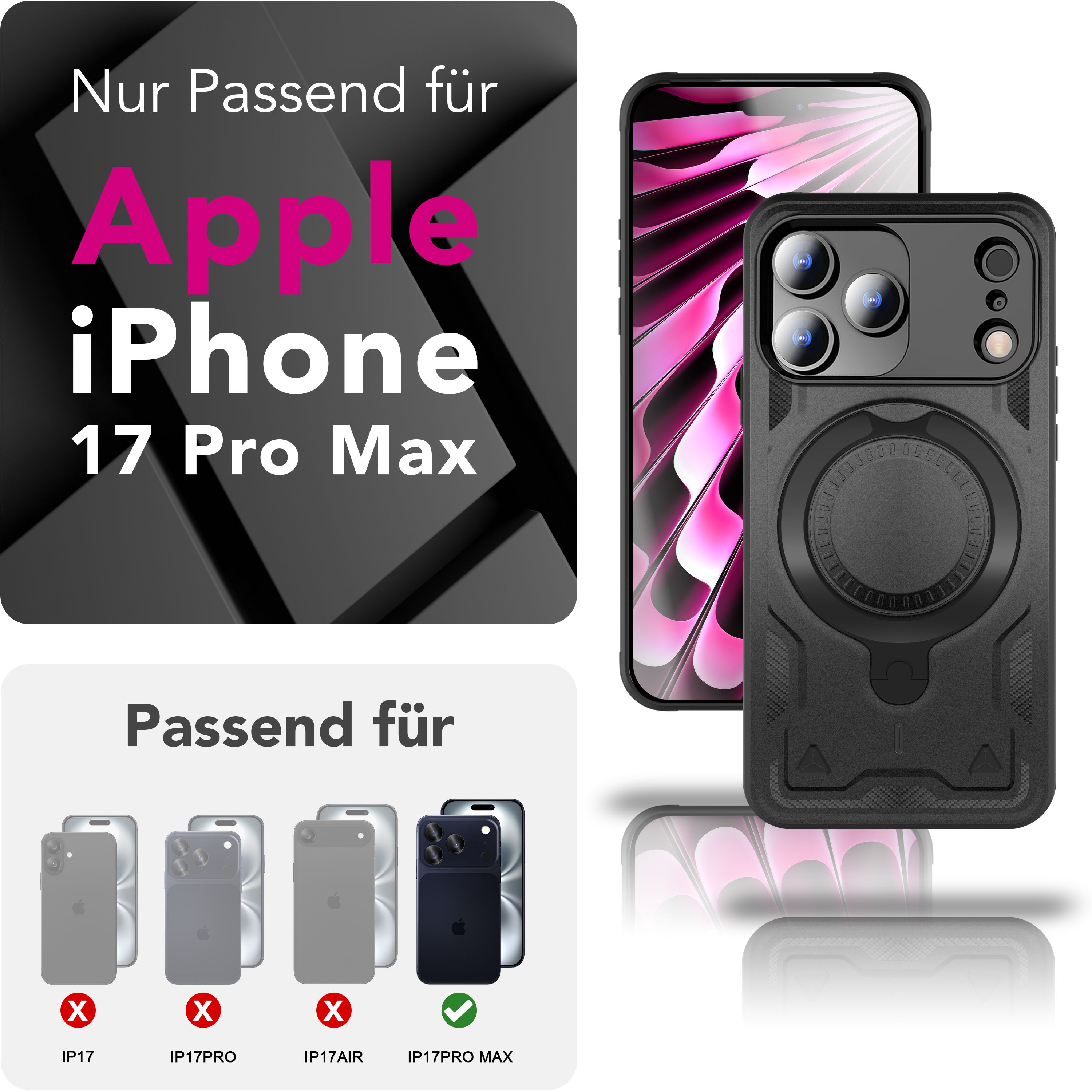 Una custodia per iPhone 17 Pro Max. L'immagine mostra il telefono con una custodia nera e testo sulla compatibilità.