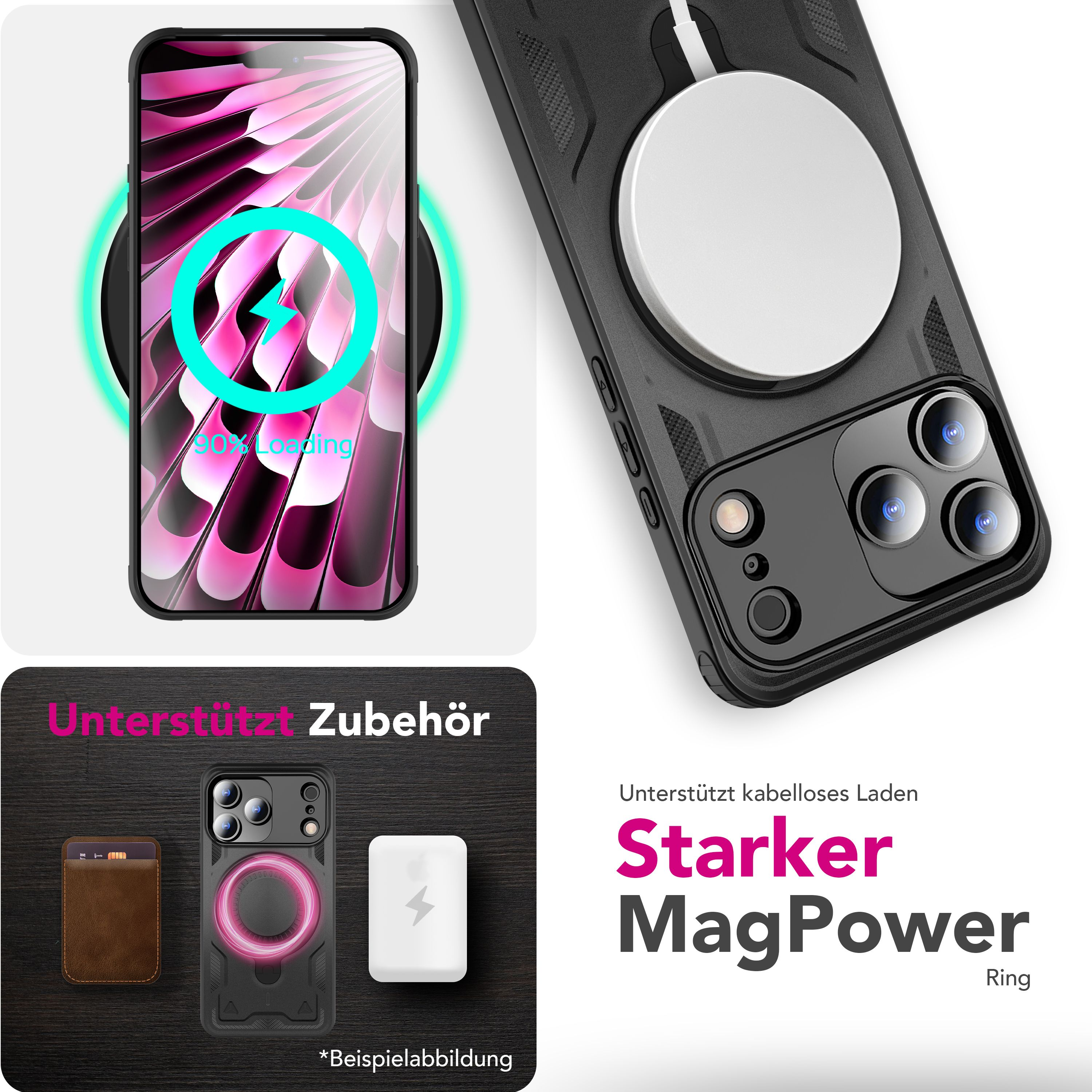 L'immagine mostra un telefono in carica, accessori MagPower e testo sulla ricarica wireless. Una custodia con anello.