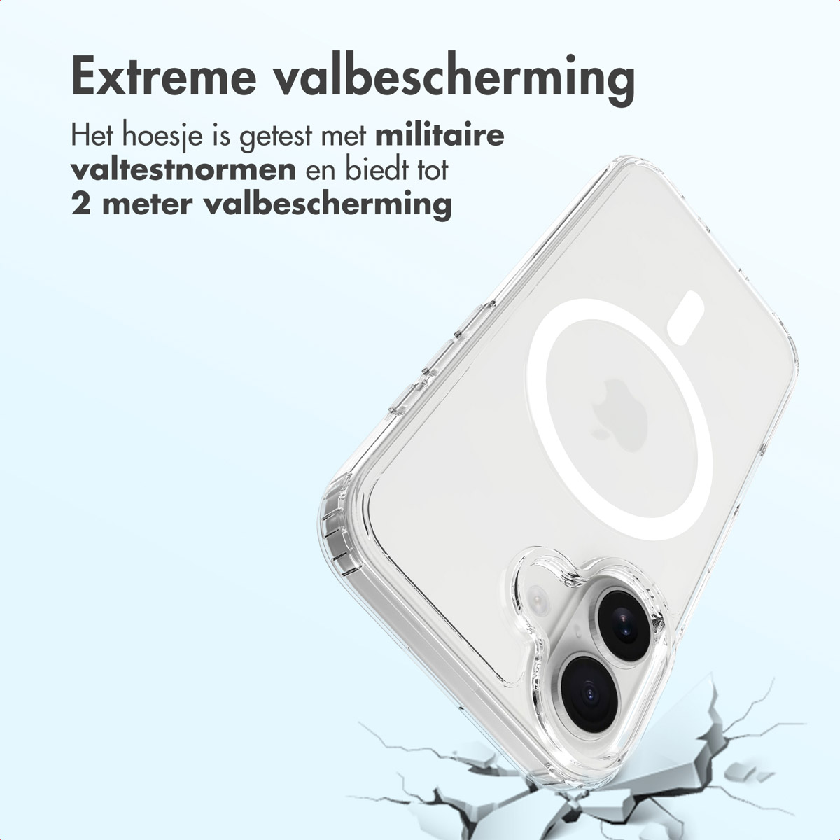 Coque de téléphone transparente avec logo Apple. Texte: Protection extrême contre les chutes. Testée selon les normes militaires et protège jusqu'à 2 mètres.