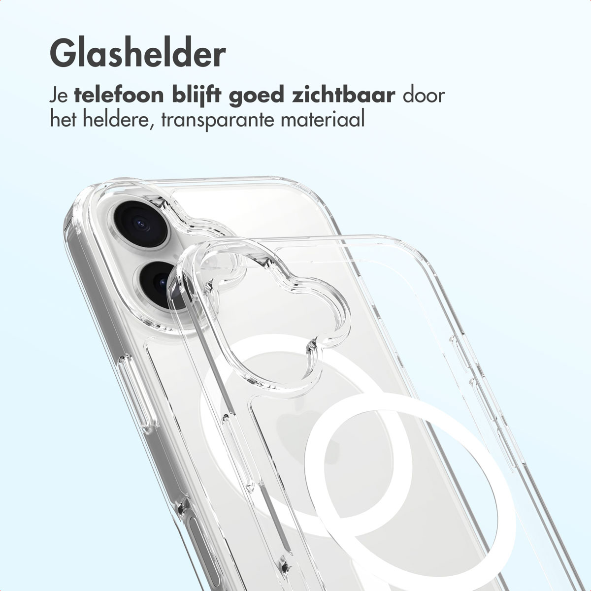 Une coque transparente sur un téléphone. La coque est transparente, et la caméra du téléphone est visible. Le fond est bleu clair.