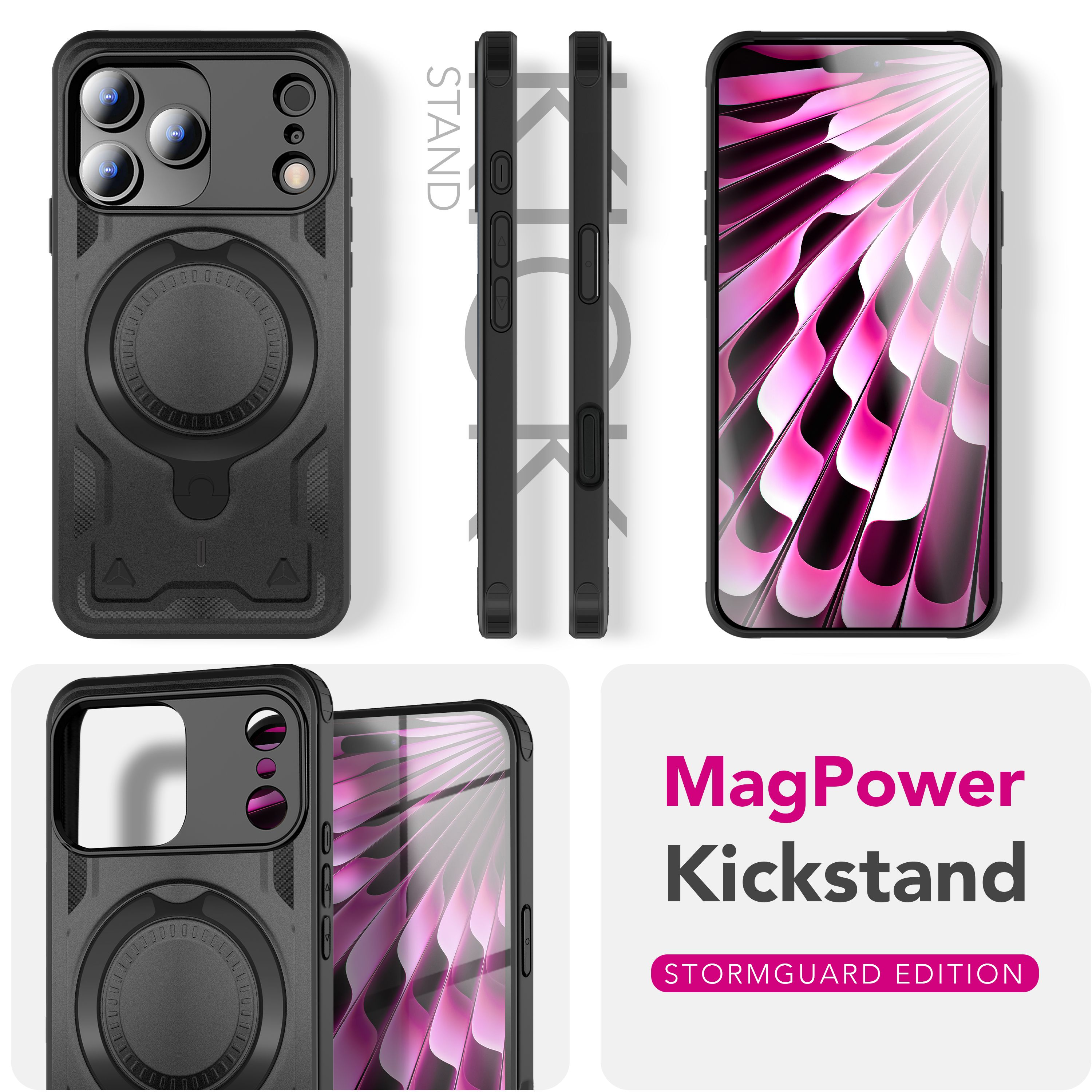 Custodia per telefono nera con cavalletto, con marchio MagPower Kickstand e display rosa e bianco.