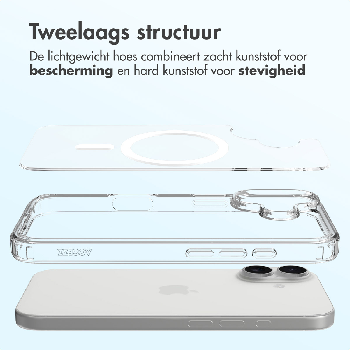 Un étui de téléphone transparent est démonté, montrant les couches et un téléphone en dessous. Le texte met en évidence la protection double couche.