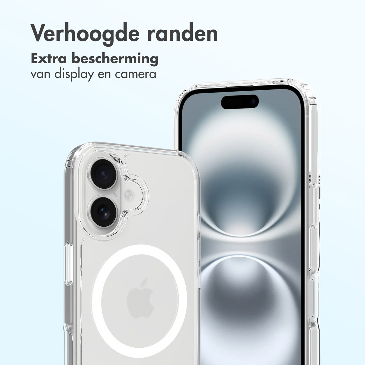 Deux coques de téléphone transparentes avec bords surélevés pour protéger l'écran et l'appareil photo. Logo Apple visible sur une coque.